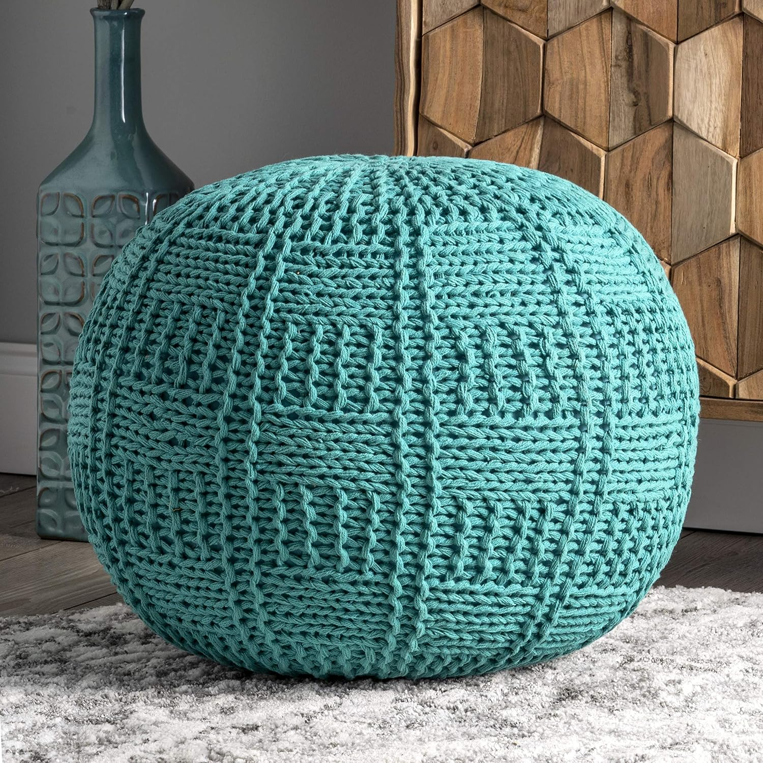 Teal Knitted Cotton Round Pouf Ottoman
