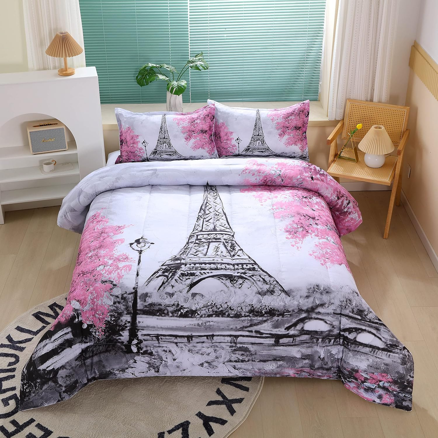 Suncloris Paris Style Comforter Set for Girls Teens, Queen Size France Eiffel Tower Bedroom Themed Bedding Comforter with 2 Romantic French Pink Flowers Patterned Pillowcases-90 x90(Queen, Grey)