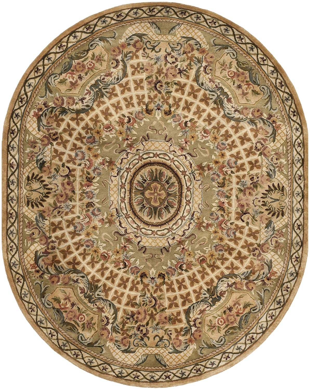 SAFAVIEH Classic Chandler Floral Bordered Wool Area Rug, Taupe/Light Green, 7'6" x 9'6" Oval