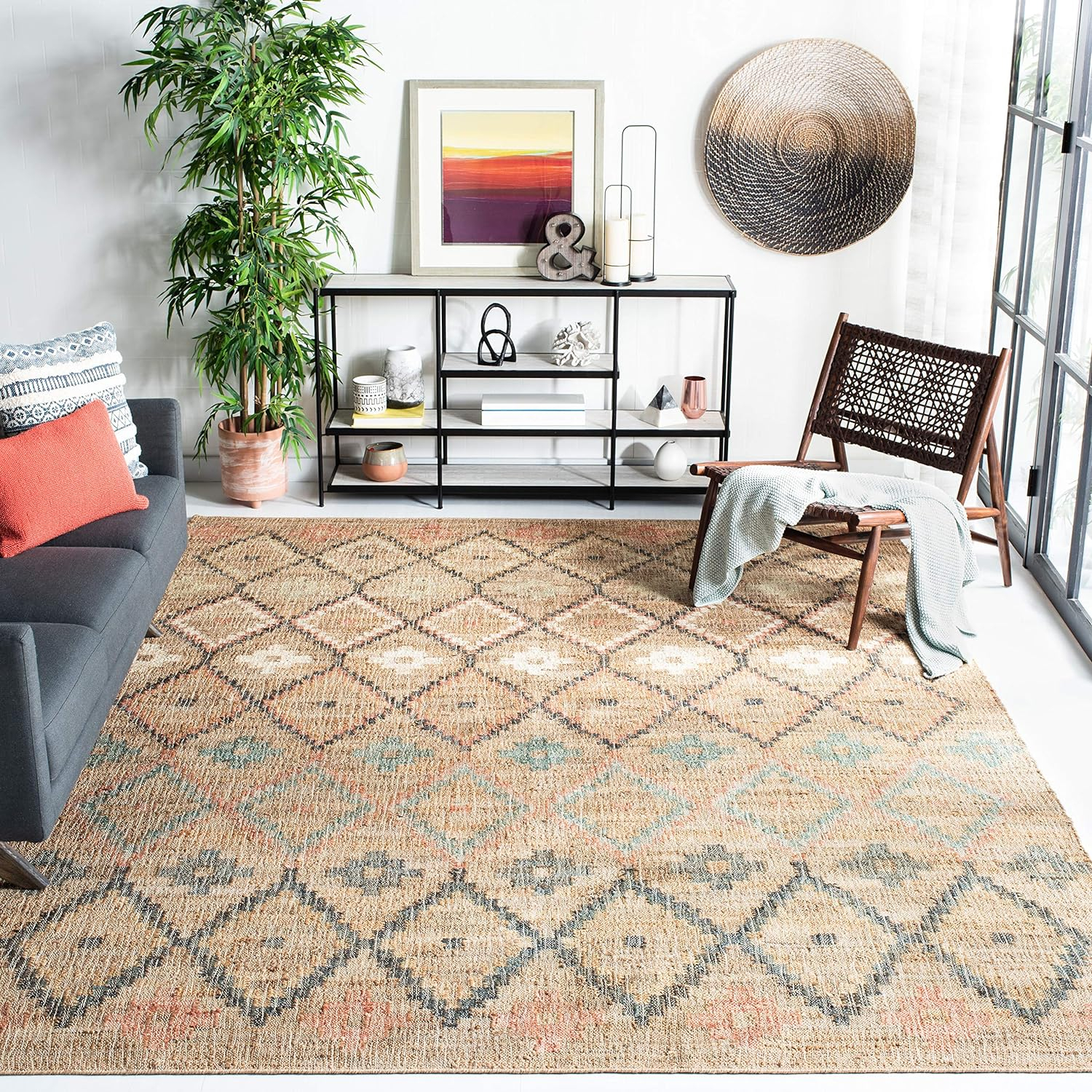 SAFAVIEH Kilim Mendoza Geometric Area Rug, Natural/Blue, 10' x 14'