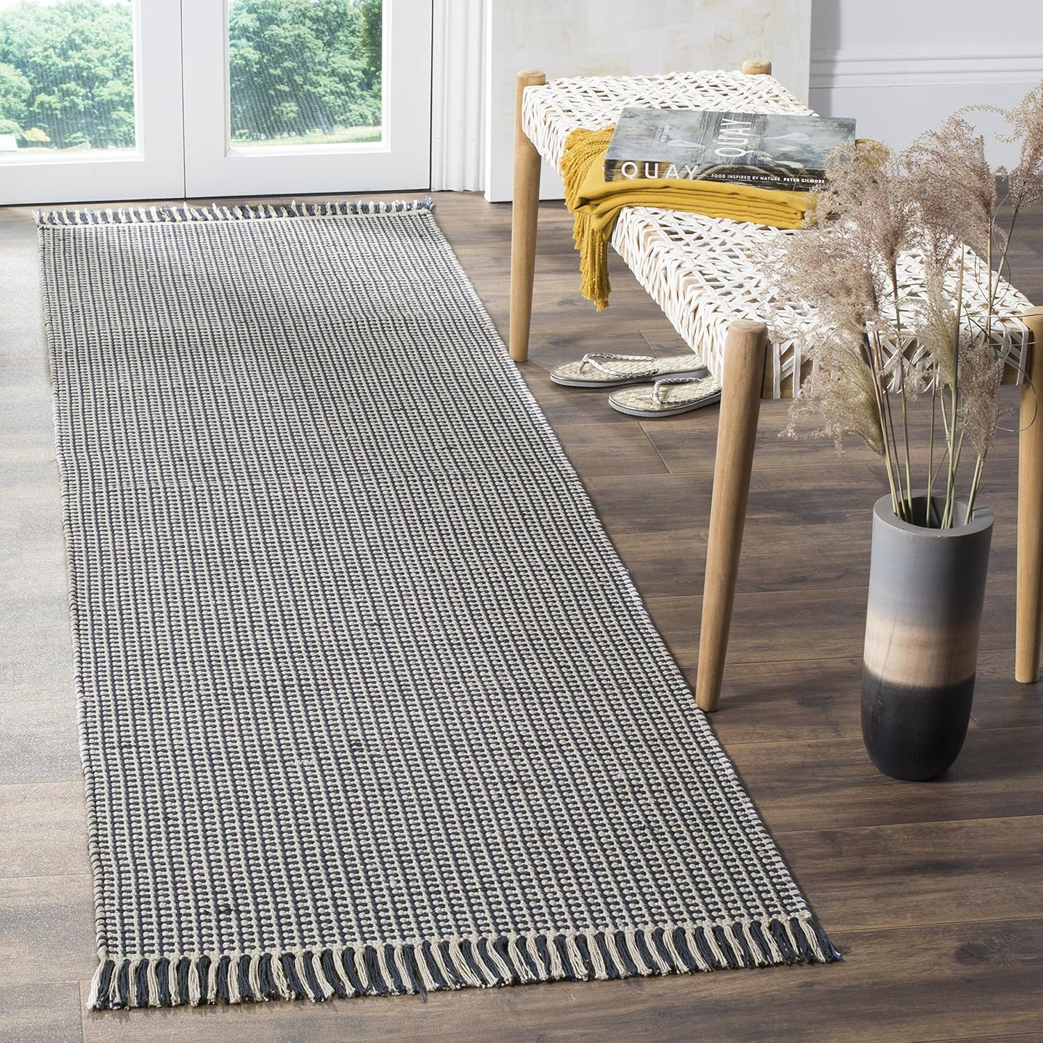 Ivory and Navy Geometric Cotton Runner Rug, 2'3" x 12'