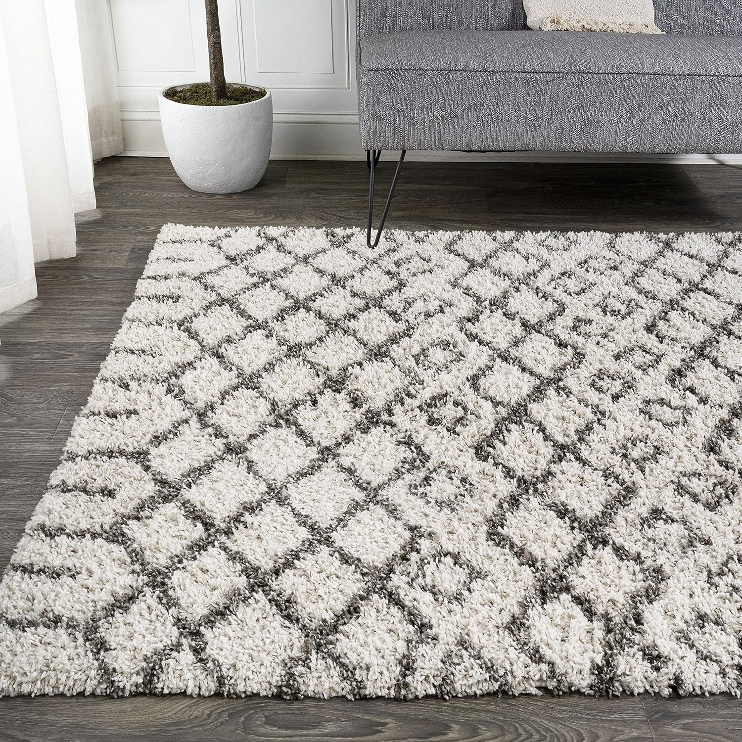 JONATHAN Y SHG104A-8 Algaida Moroccan Diamond Shag Indoor Area-Rug Bohemian Contemporary Modern Geometric Easy-Cleaning High Traffic Bedroom Kitchen Living Room Non Shedding, 8 X 10, Beige/Dark Gray