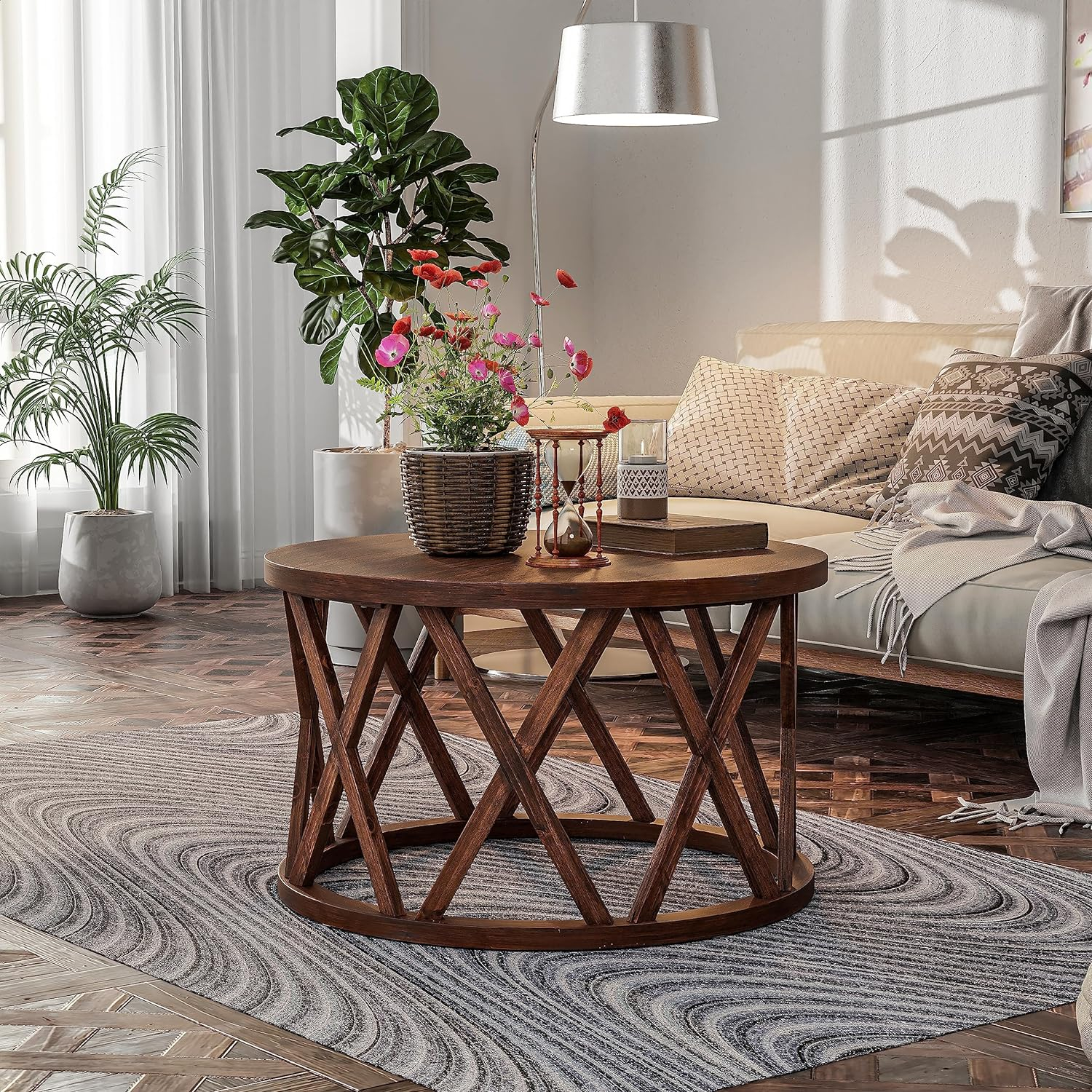 COZAYH Farmhouse Coffee Table, Rustic Round Coffee Table with X-Motifs Legs, Wood Textured Top, for Boho, French Country Decor, Brown