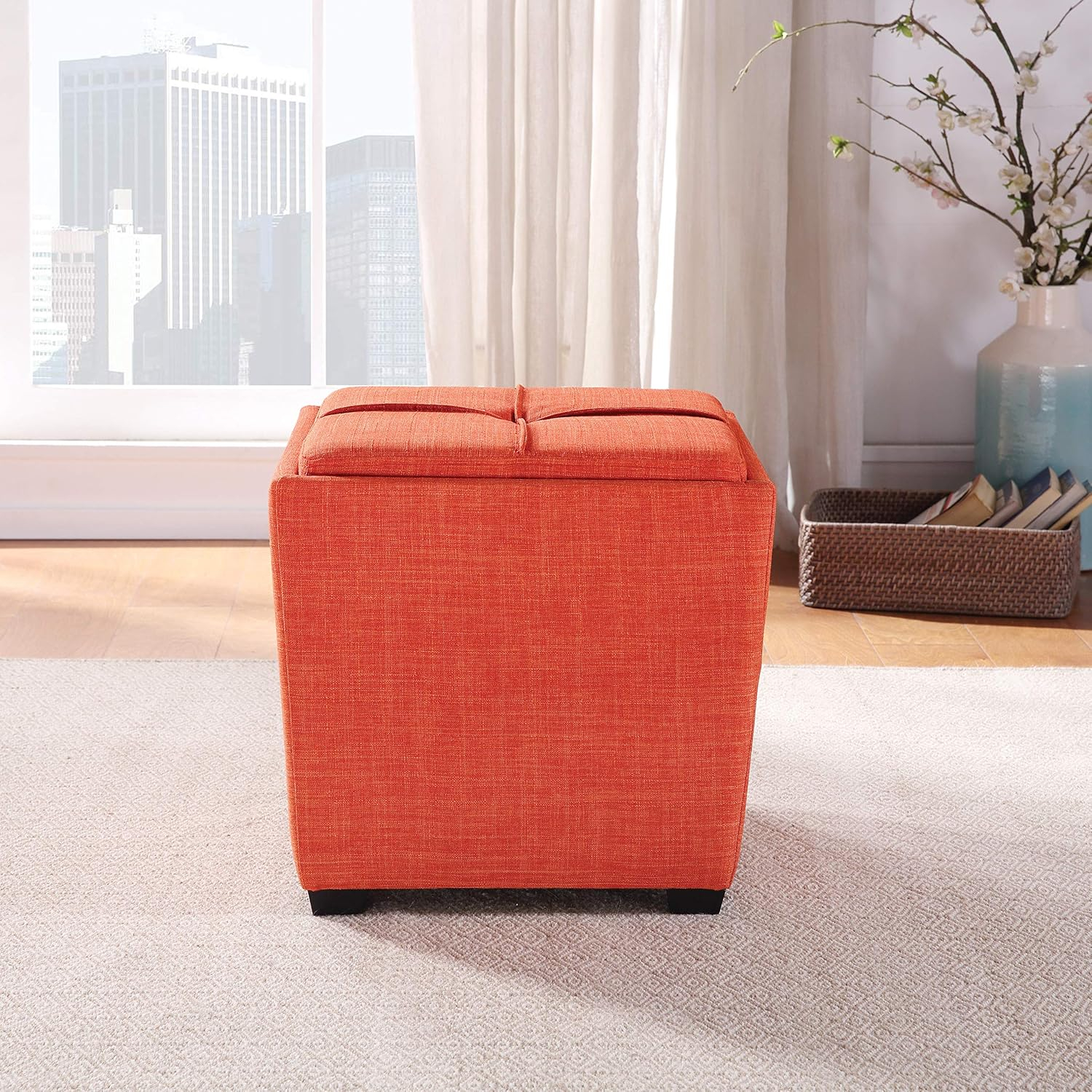 Rockford Storage Ottoman in Tangerine Orange Fabric