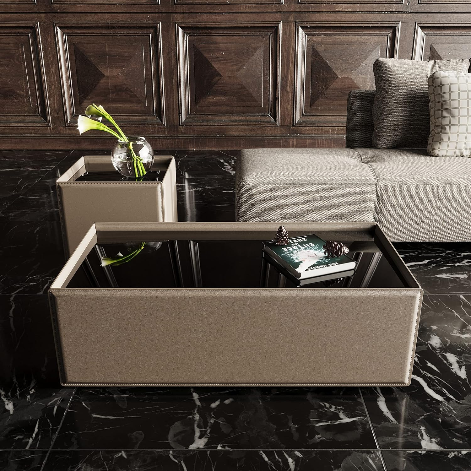 Beige Leatherette Square End Table with Black Glass Top