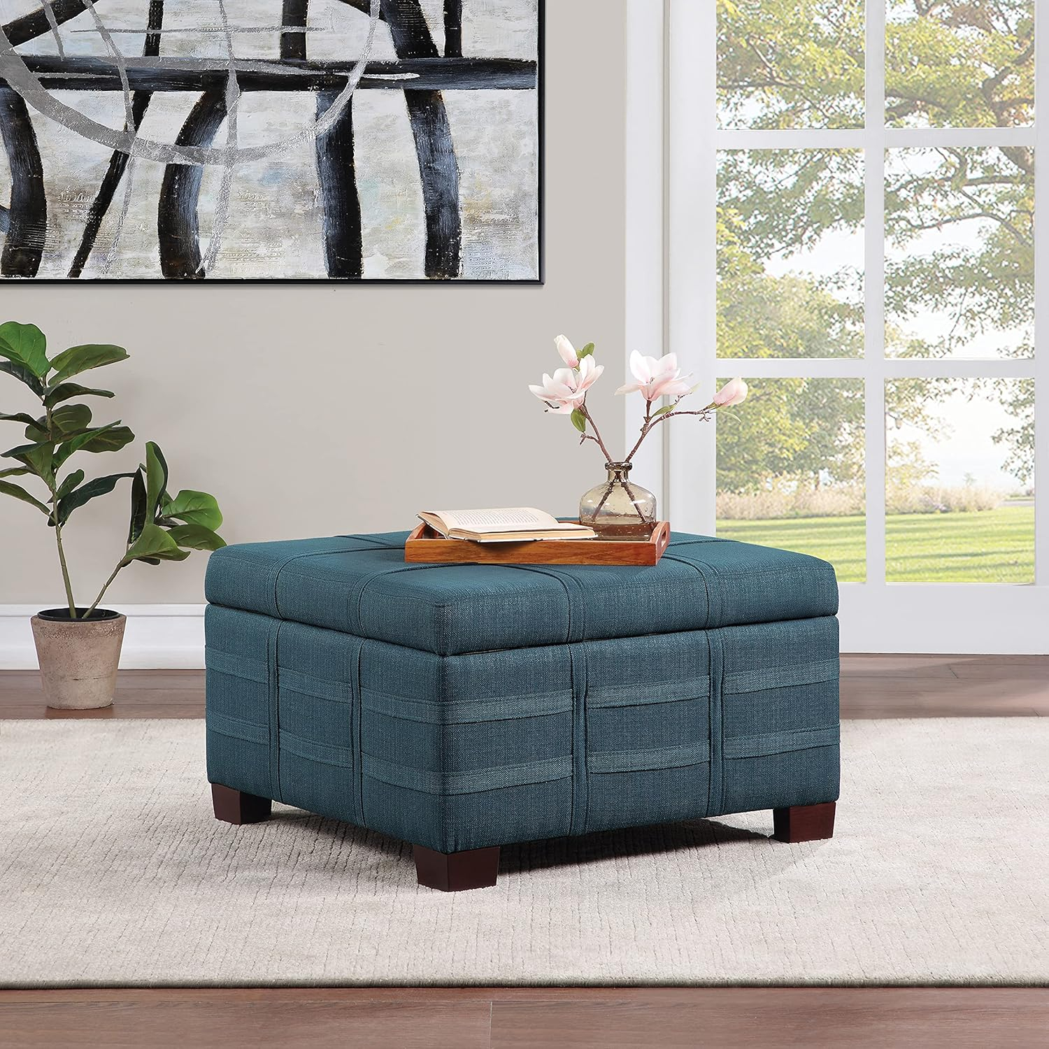 Detour Strap Square Storage Ottoman in Azure Blue Fabric