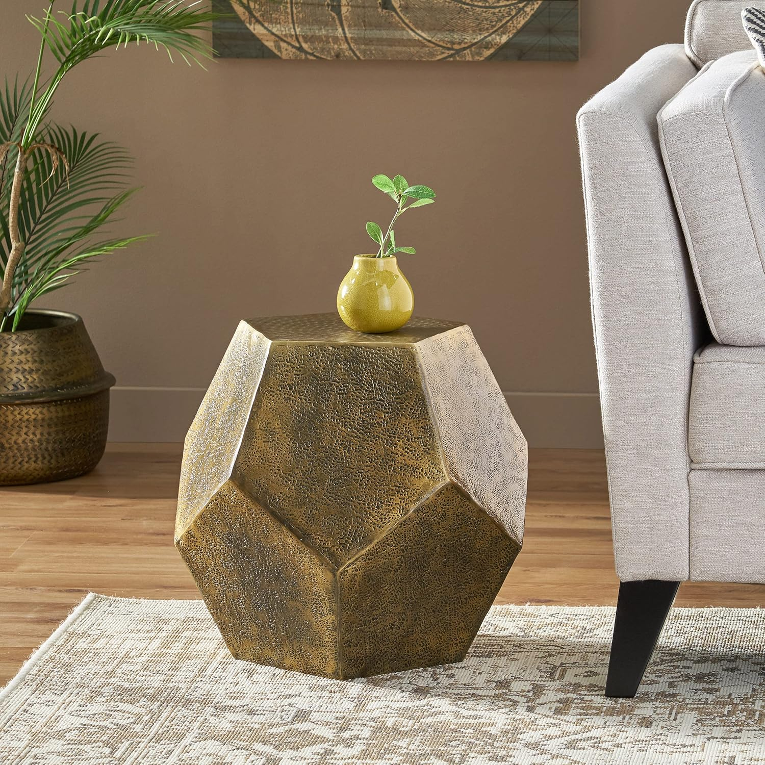 GDF Studio Lippert Modern Glam Handcrafted Aluminum Pentagonal Accent Table, Antique Gold