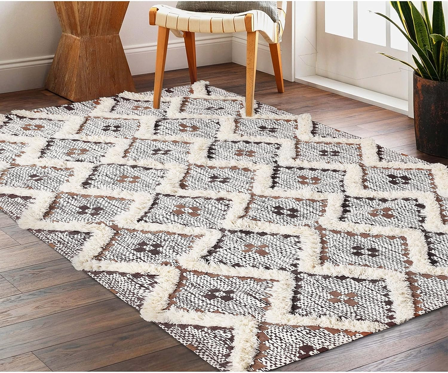 Superior Evren Hand-Tufted Cotton/Wool Textured Geometric Tan/Chocolate Farmhouse Area Rug, 6' x 9'