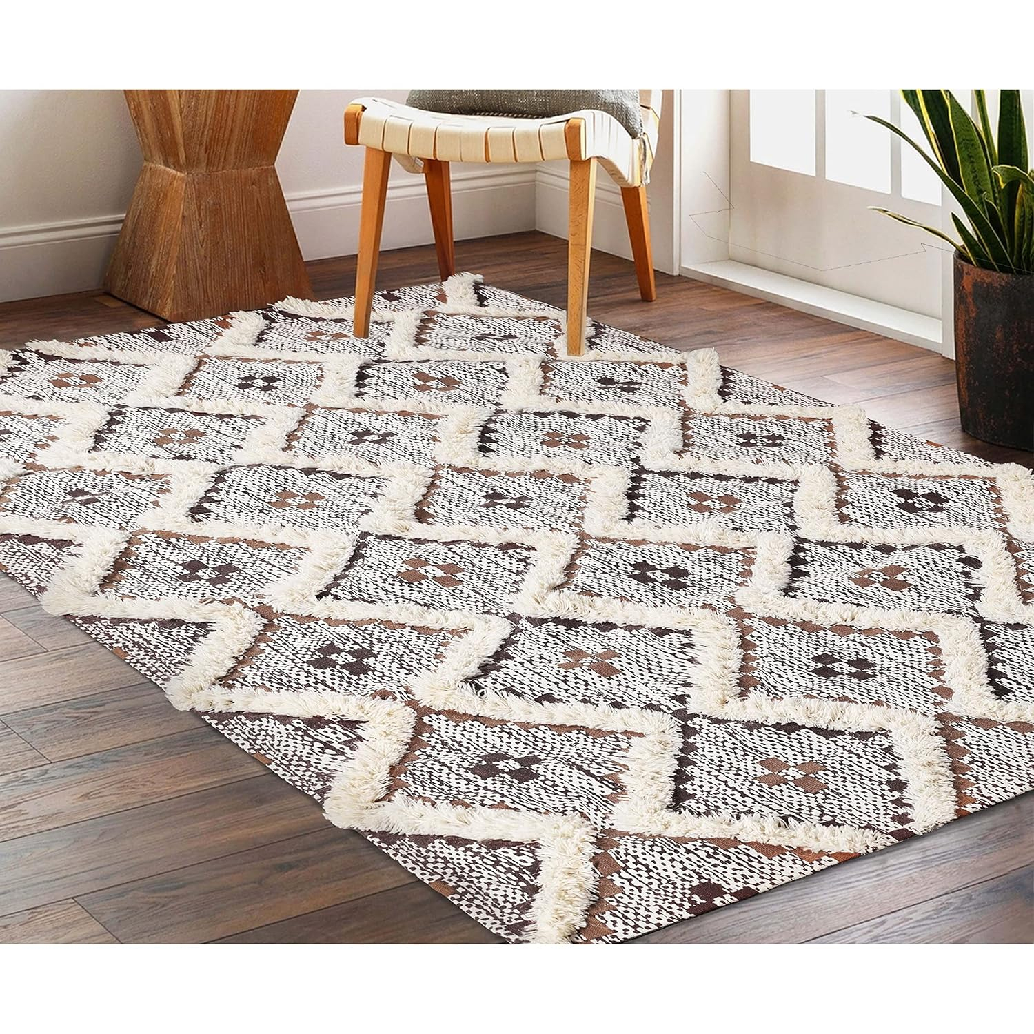 Superior Evren Hand-Tufted Cotton/Wool Textured Geometric Tan/Chocolate Farmhouse Area Rug, 6' x 9'