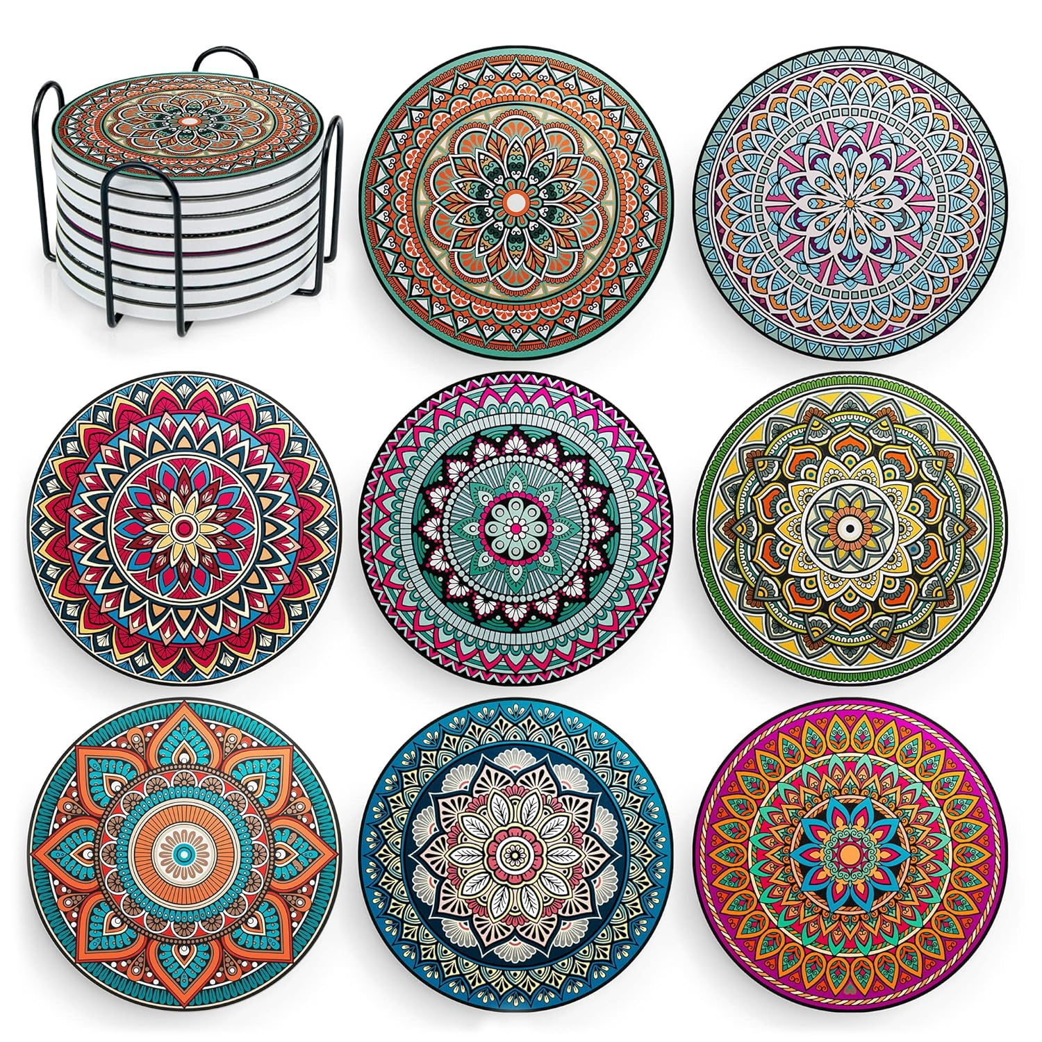 Mandala Drink Coasters with Holder - 8 Set Ceramic Boho Coaster for Drinks Absorbent with Cork Base and Black Holder - Coasters for Coffee Table Apartment Wooden Bar Mugs Glasses Cup Beer