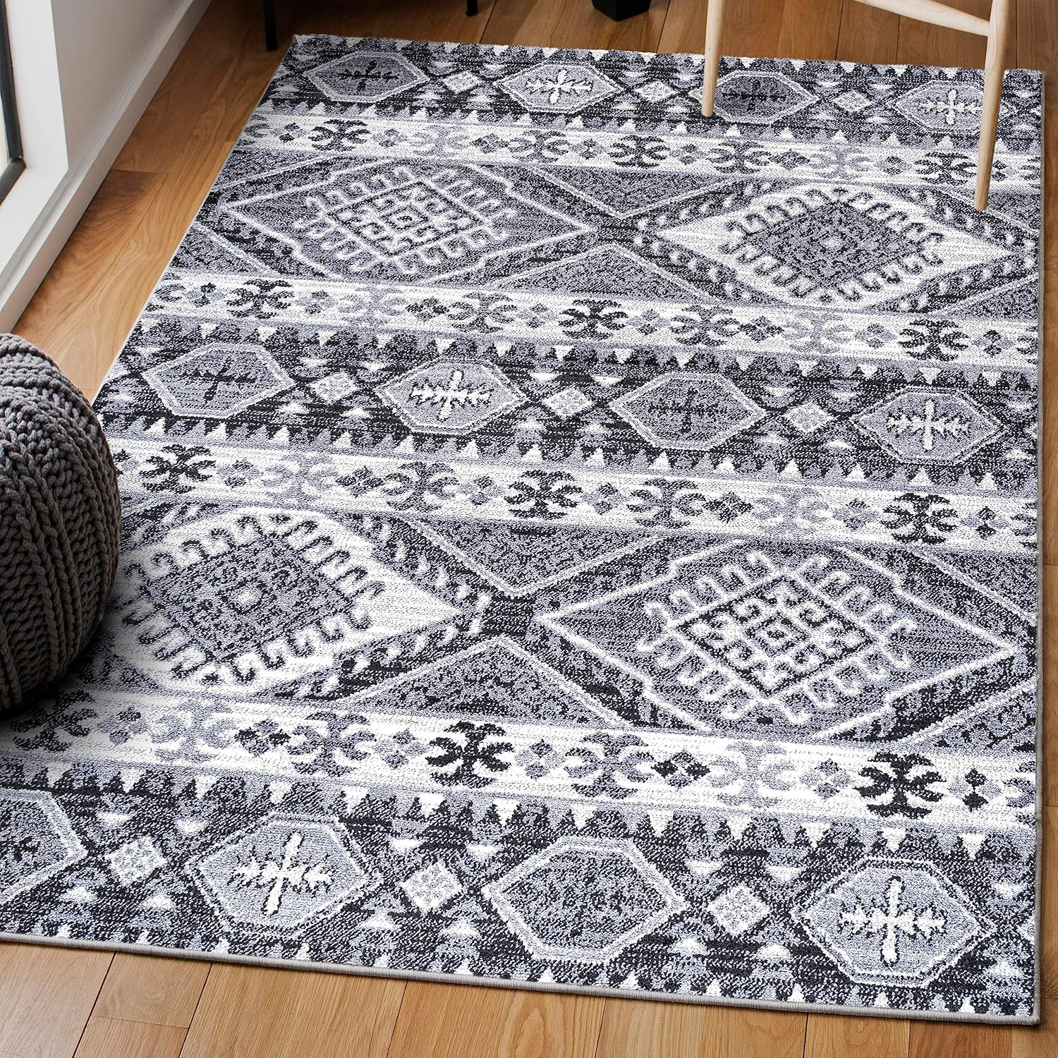 JONATHAN Y MOH500A-5 Sura Modern Kilim Geometric Gray/Anthracite 5 ft. x 8 ft. Area Rug, Bohemian Vintage, Pet Friendly, Stain Resistant, Easy to Clean, for Living Room; Kitchen, Bedroom