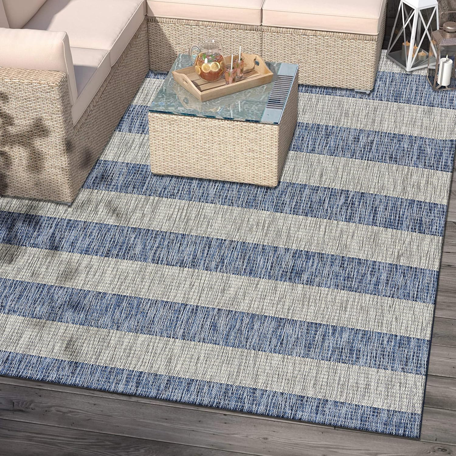 LR Home Camila 5' x 7', Gray/Blue Stripe Fade, Stain, and Moisture Resistant Indoor/Outdoor Area Rug