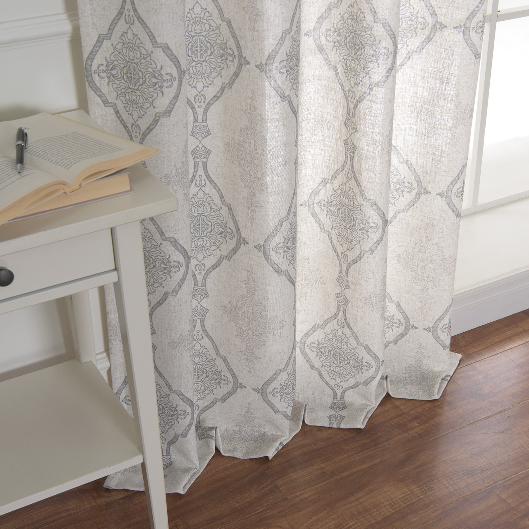 Gray Damask Medallion Linen Blend Sheer Window Panel