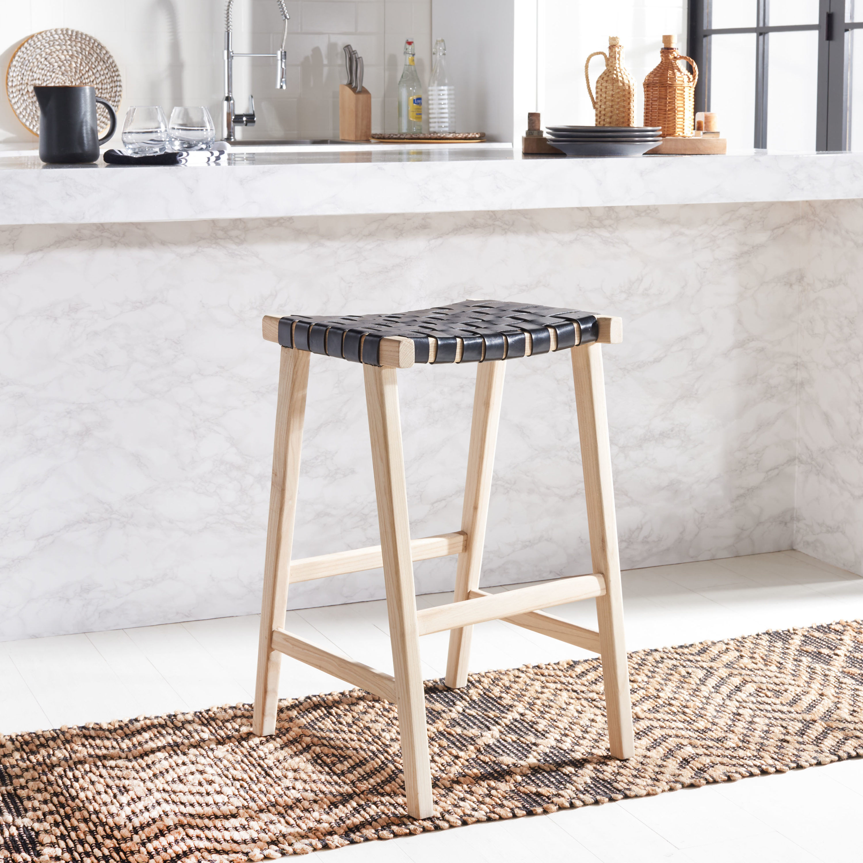 SAFAVIEH Abreu Rectangle Barstool, Black/Light Natural (18.5 in. W x 20 in. D x 30 in. H)