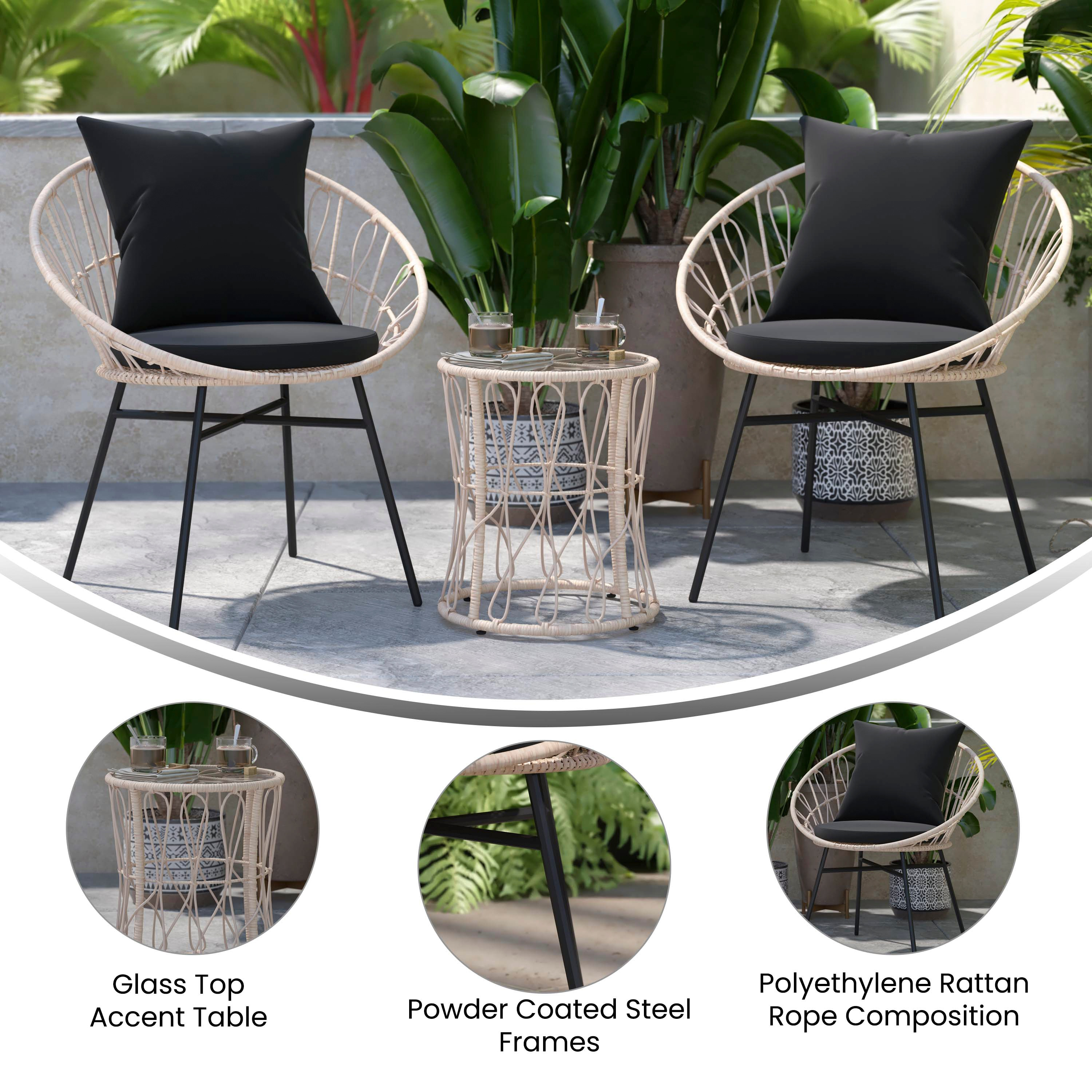 Taylor & Logan Fielder 3-Piece Tan Indoor/Outdoor Bistro Set with Papasan Style Rattan Rope Chairs, Glass Top Side Table & Black Cushions
