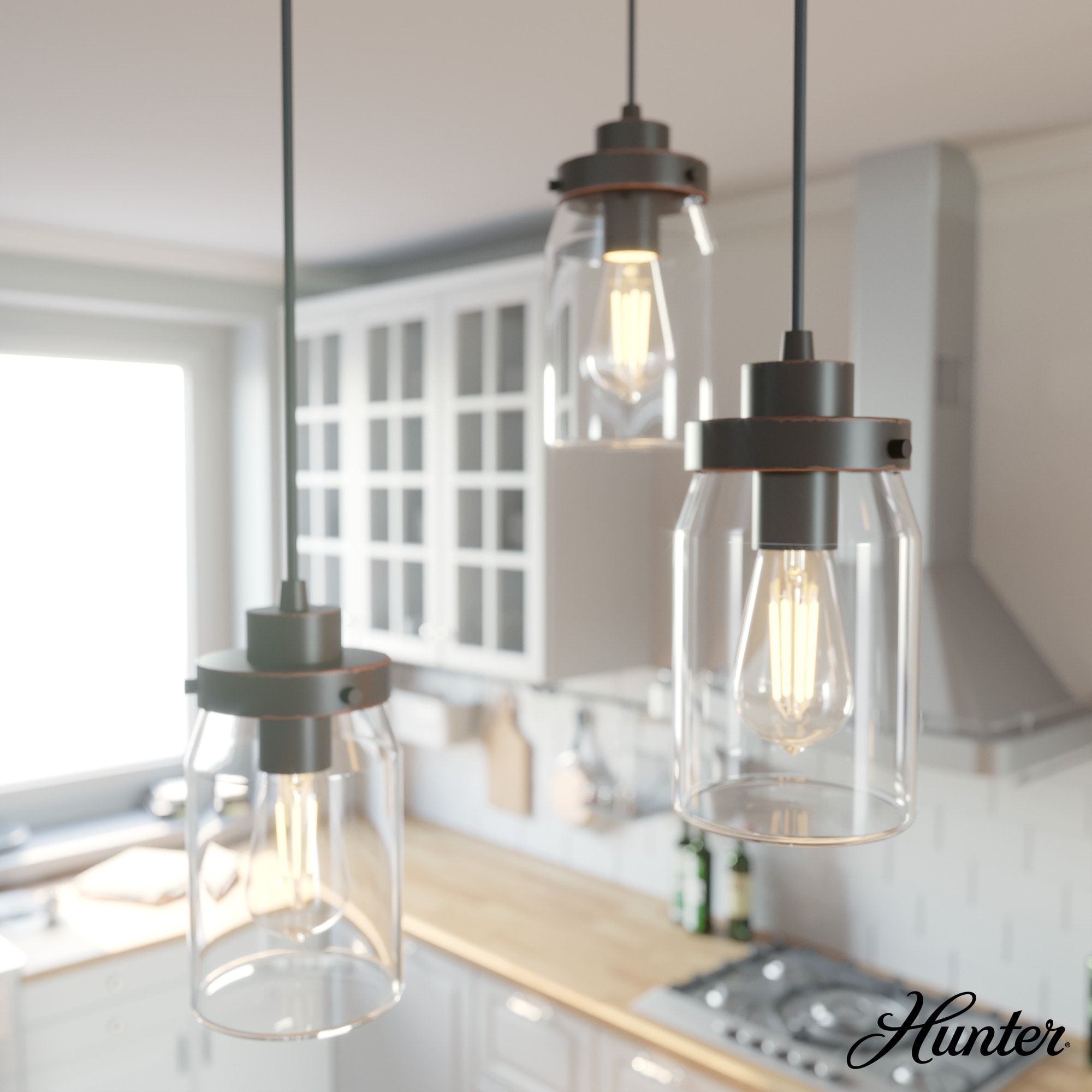 Hunter - Devon Park 3-light Onyx Bengal, Small Cluster Light, Dimmable, Rustic Style, Round Shaped, for Bedrooms, Kitchens, Dining, Living Rooms - 19157