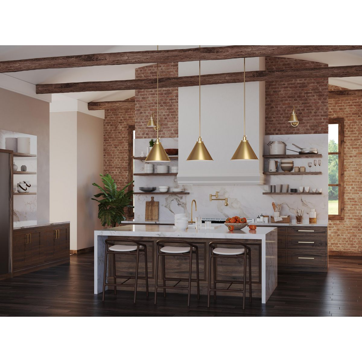 Progress Lighting Hinton 1-Light Pendant Vintage Brass Cone Shade Collection