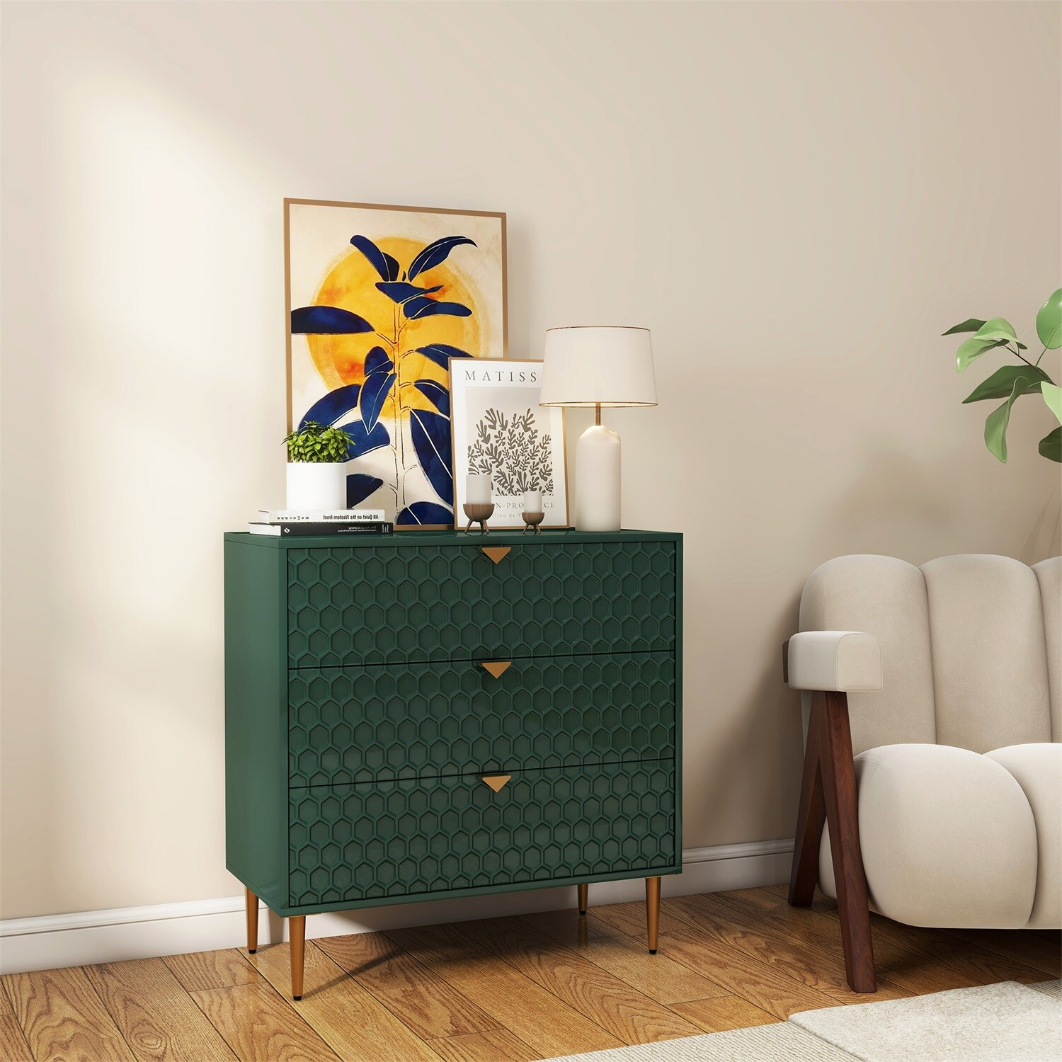 Mondawe Accent Cabinet with 3 Drawers, Free Standing Sideboard Buffet Cabinet with Storage, Modern Storage Cabinet for Dining Room Hallway Office Entryway,Green