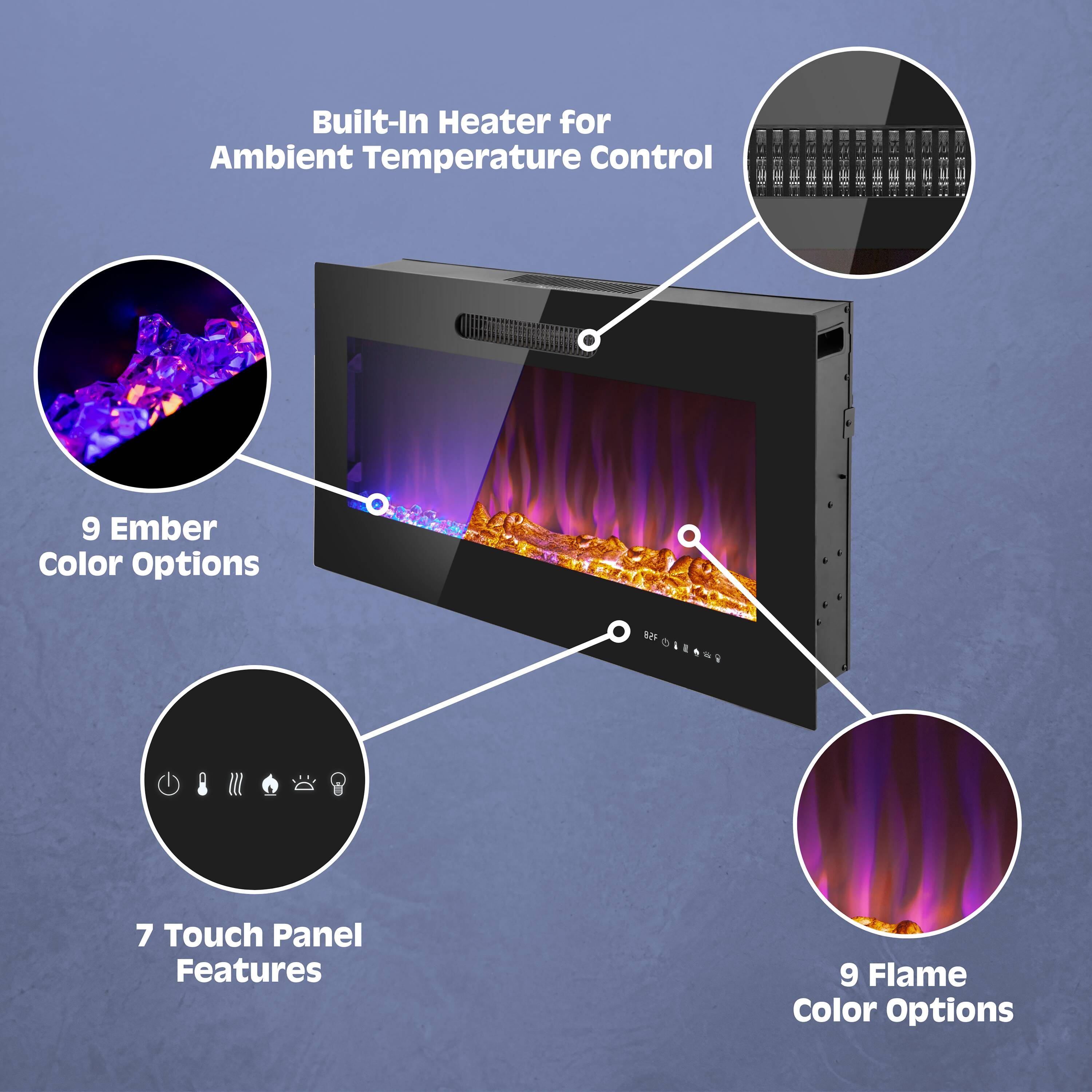 Prominence Home 36x19" Electric Remote Controlled LED Wall Mount Fireplace with Adjustable Heat and Brightness Settings