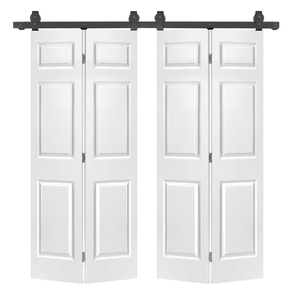 72 in. x 80 in. Hollow Core 6 Panel Primed MDF Composite Double Bi-Fold Barn Doors with Sliding Hardware Kit