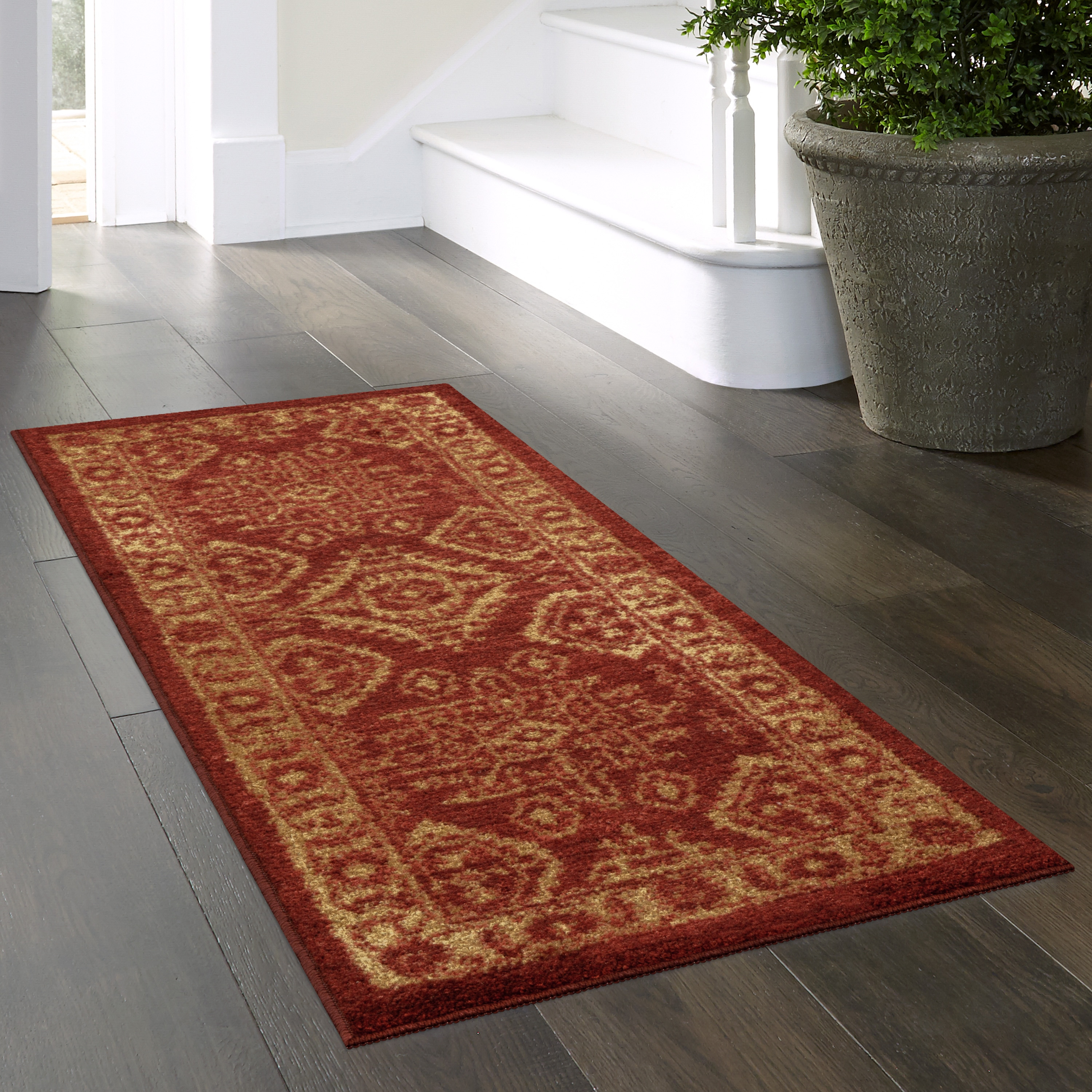 Red and Gold Synthetic Traditional Tufted Runner Rug