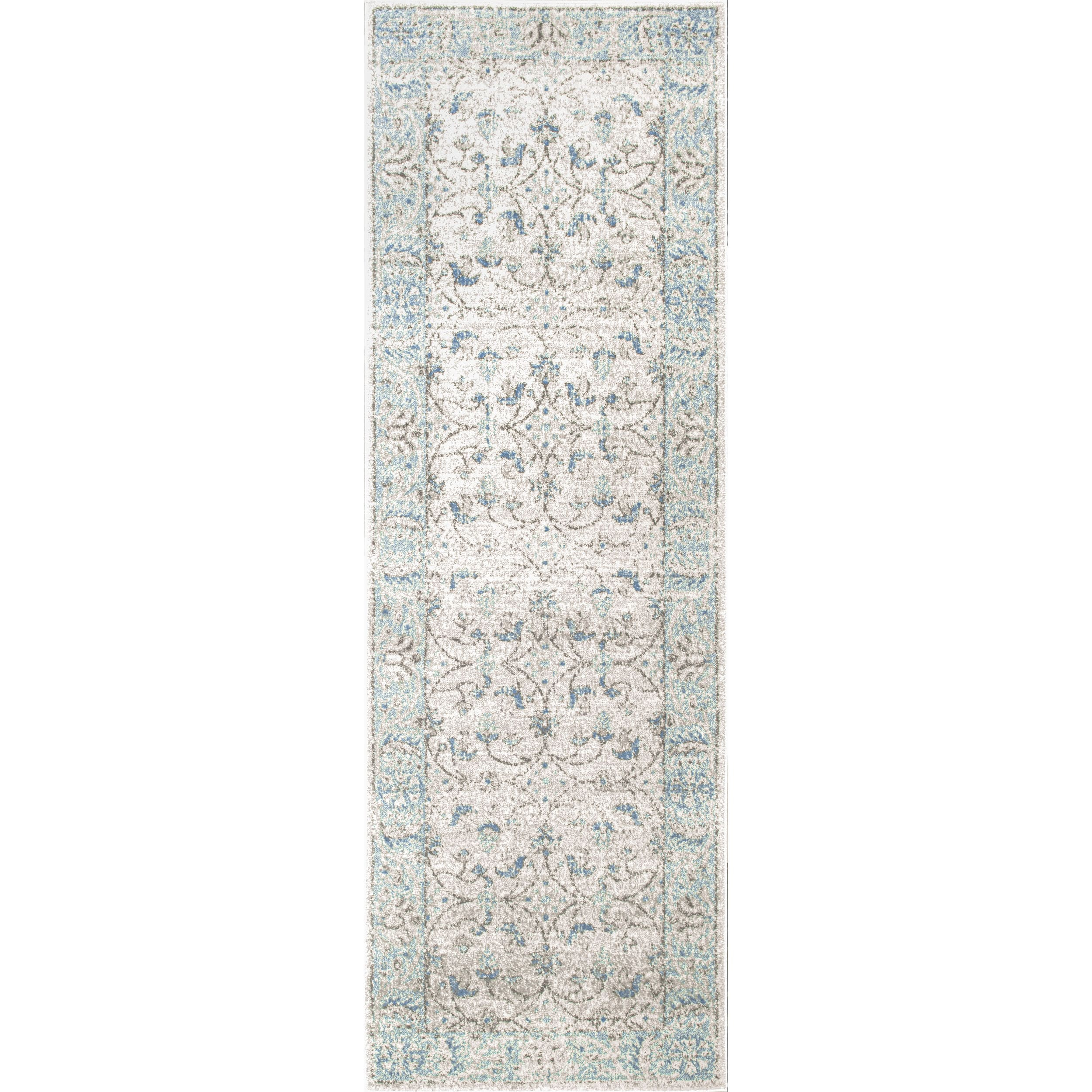 Aqua and Gray Floral Synthetic Reversible Runner Rug, 2' x 6'