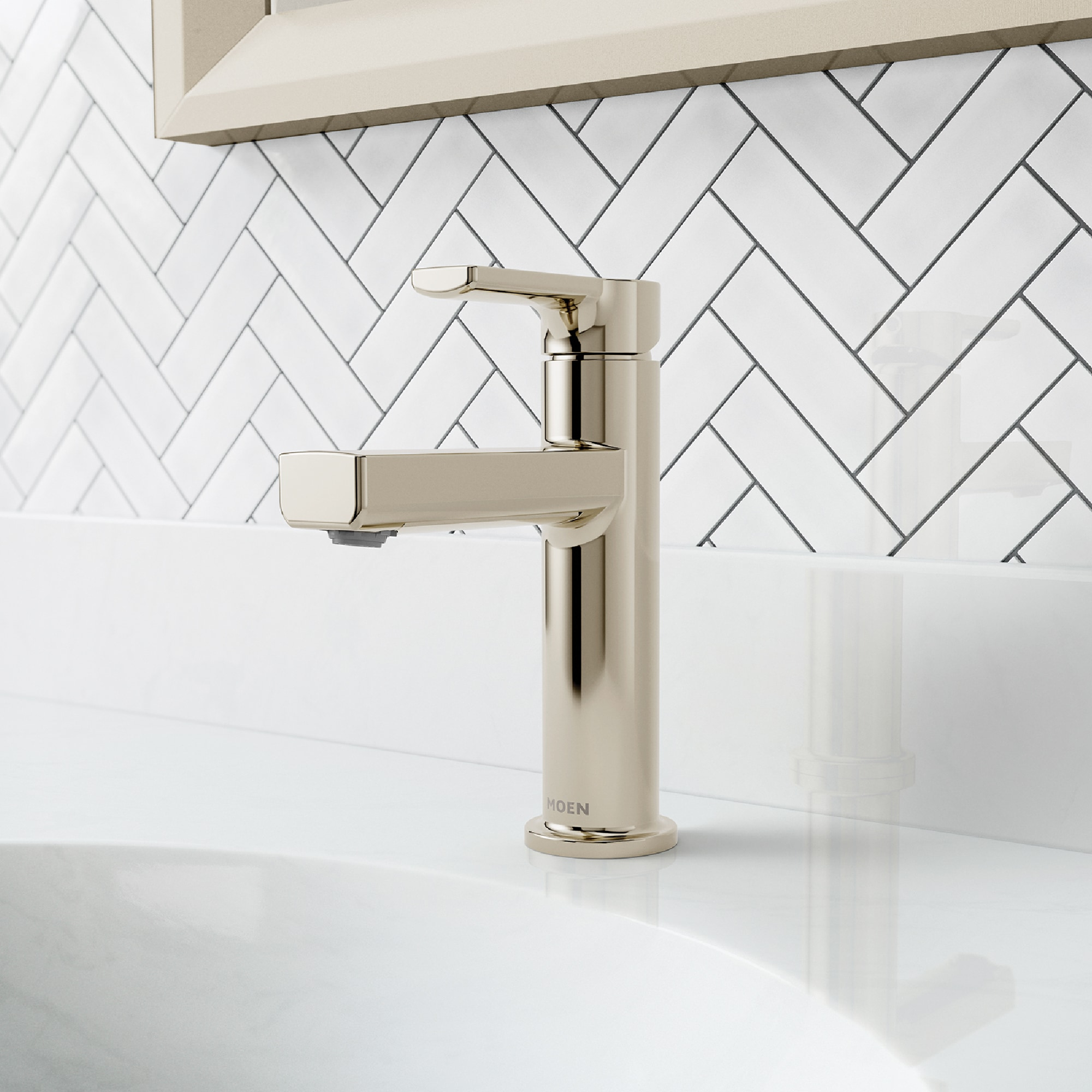 Moen 84627NL Rinza Polished Nickel Single hole 1-handle WaterSense High-arc Residential Handle Bathroom Sink Faucet with Drain with Deck Plate