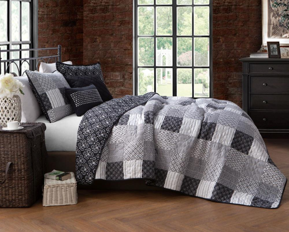 Geneva Home Fashions Queen 5pc Avondale Manor Evangeline Quilt & Sham Set Black: Geometric Pattern, Midweight Fabric, Machine Washable