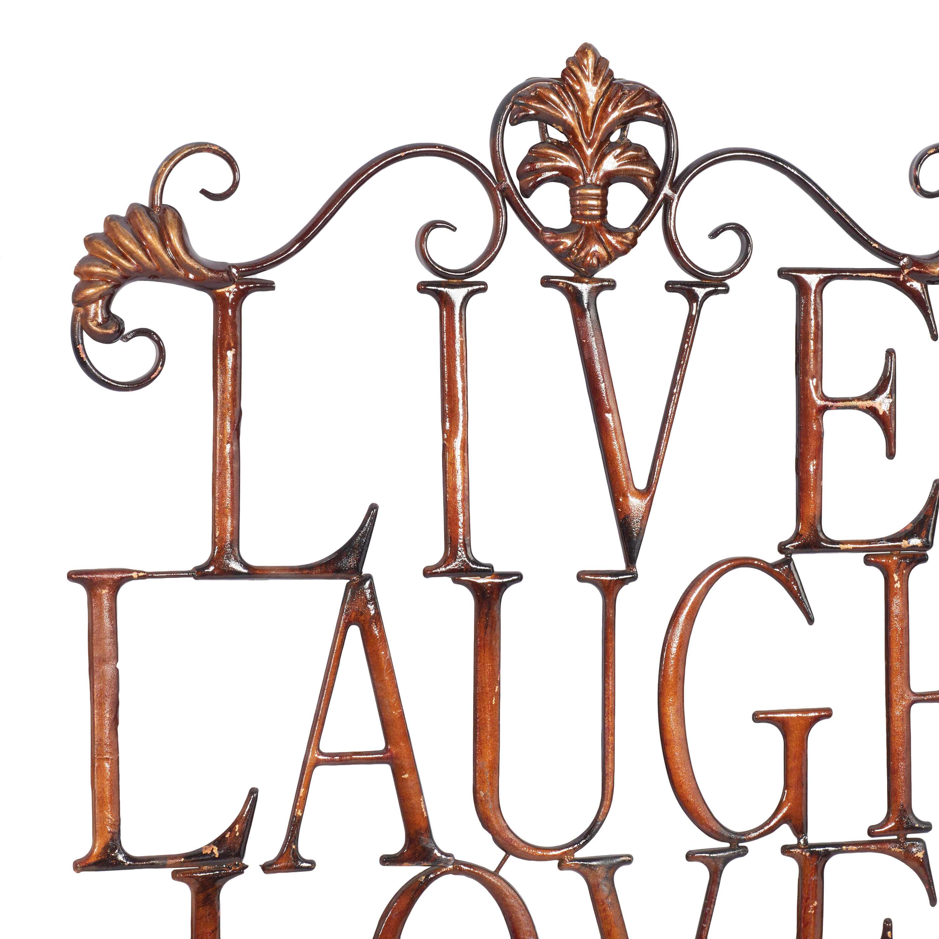 Deco 79 Metal Sign Live Love Laugh Wall Decor with Scrollwork, 21" x 1" x 28", Brown