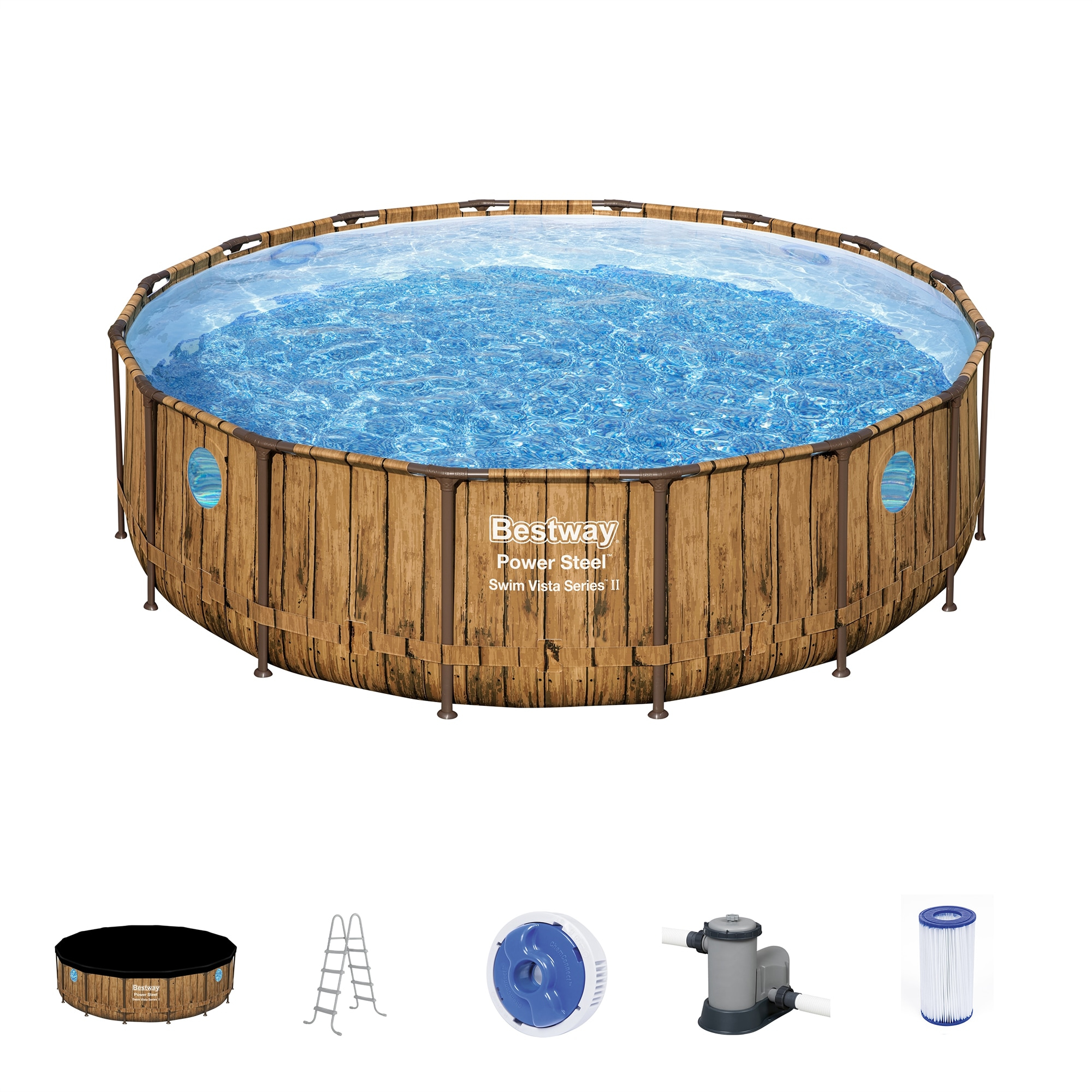 Bestway 16-ft x 16-ft x 48-in Metal frame Round Above-Ground Pool with Filter Pump with Ground Cloth with Pool Cover with Ladder