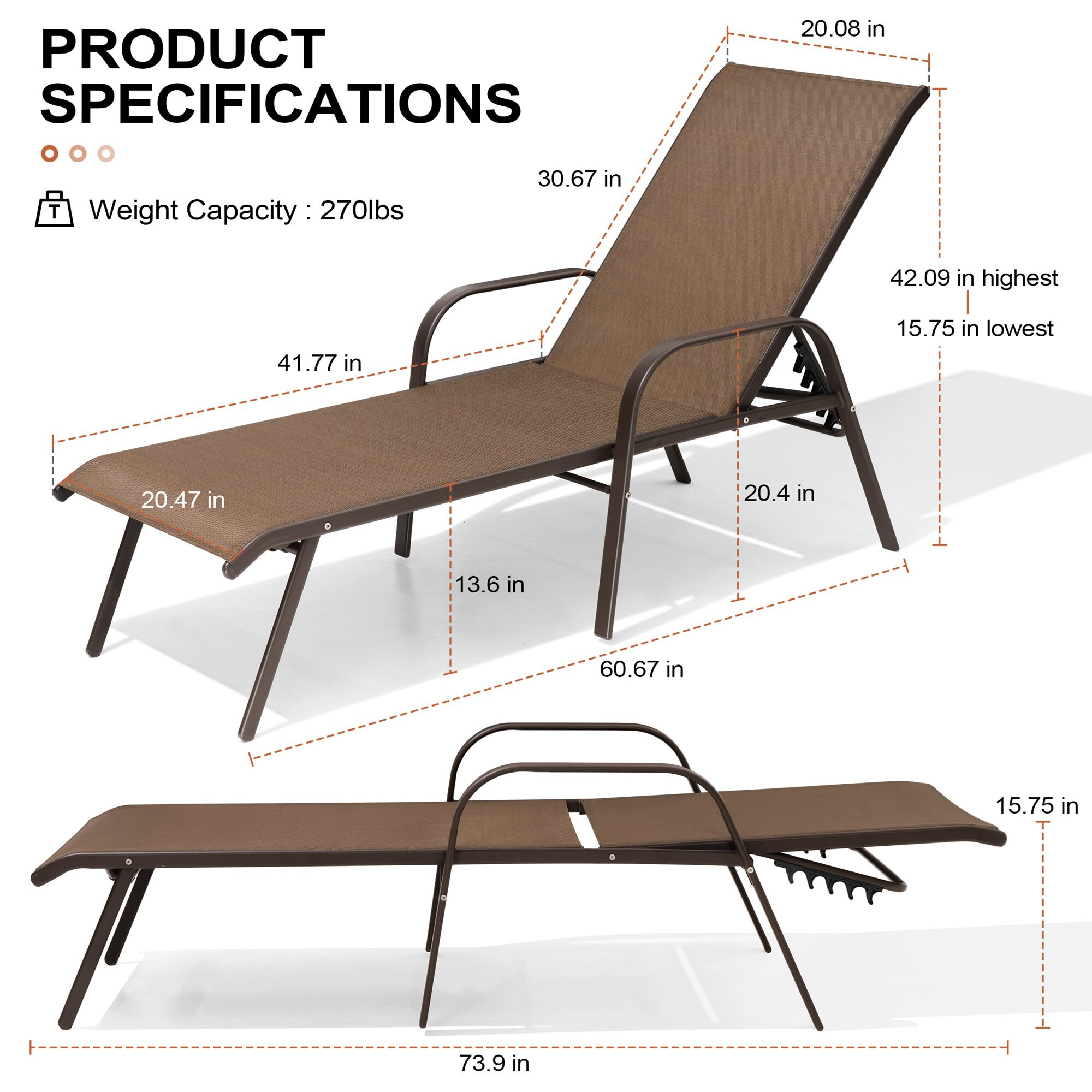 Crestlive Products Set of 2 Outdoor Chaise Lounge Steel Patio Chairs, Brown