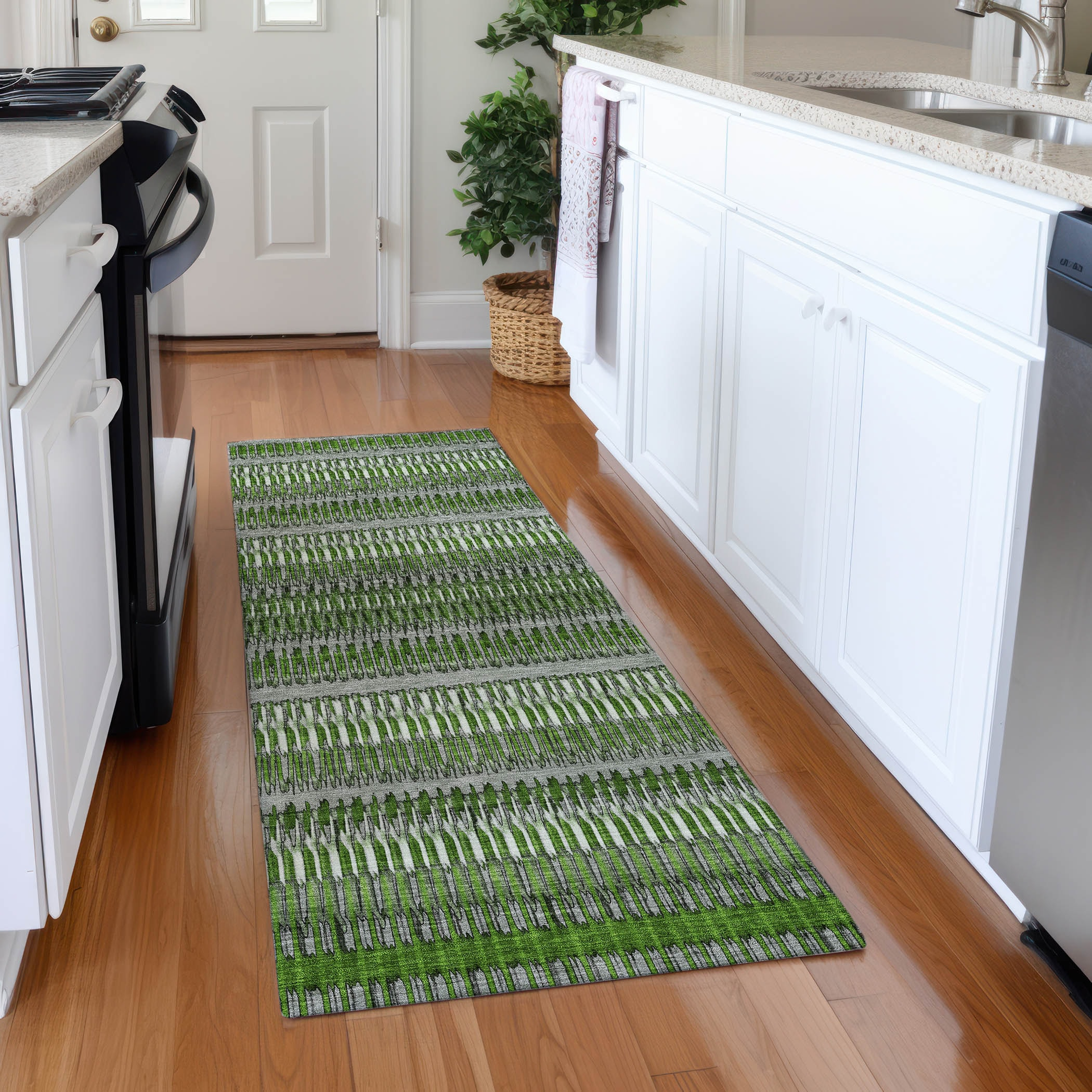 Green and Gray Flat Woven Stripe Synthetic Runner Rug