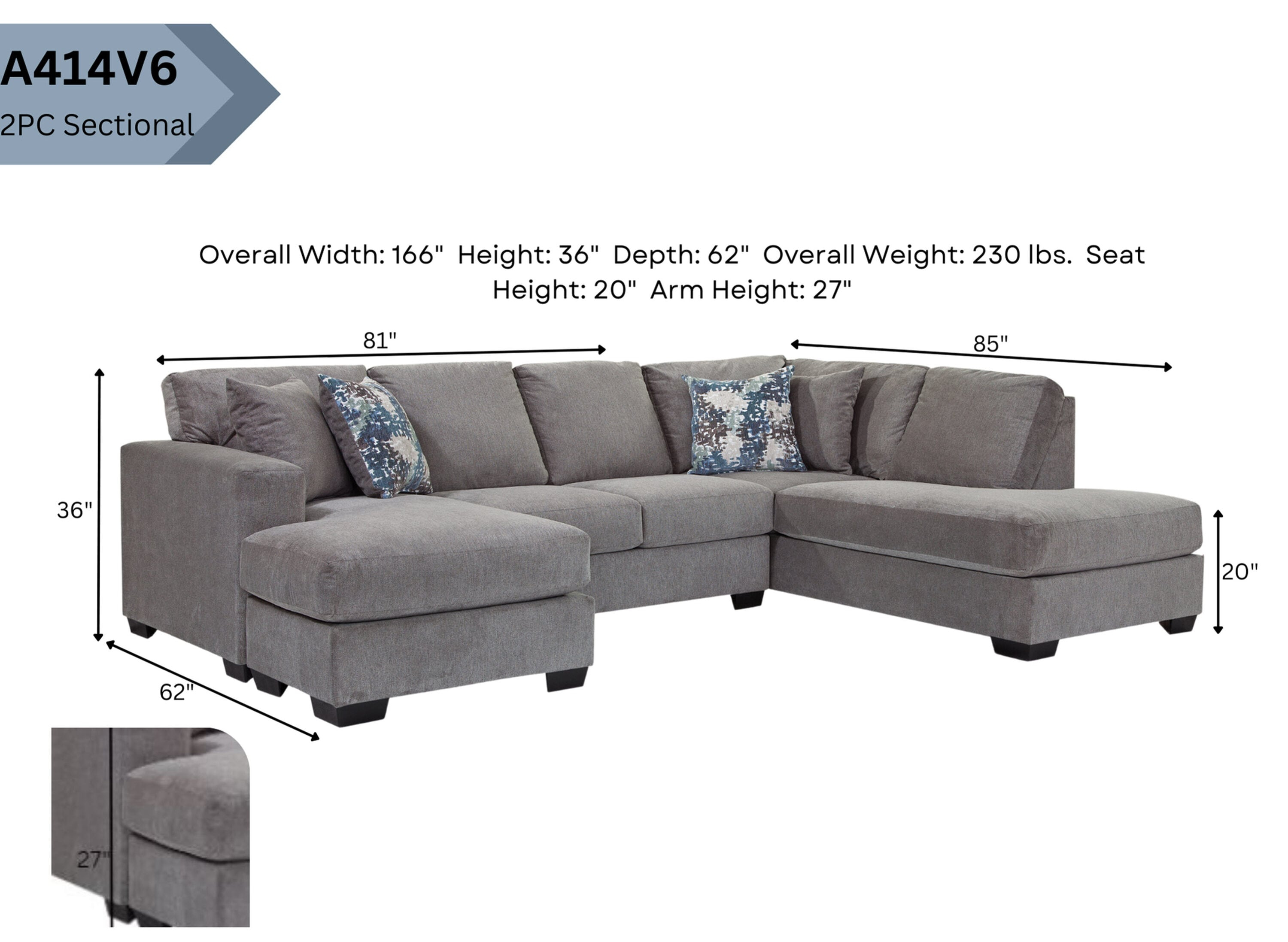 American Furniture Classics Graphite U Shaped Sectional with 4 Throw Pillows