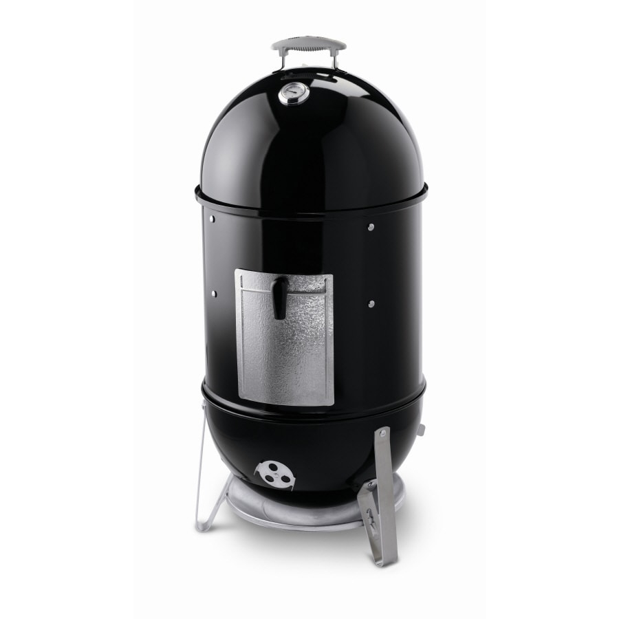 Black Porcelain Charcoal Smoker with Steel Grates and Thermometer
