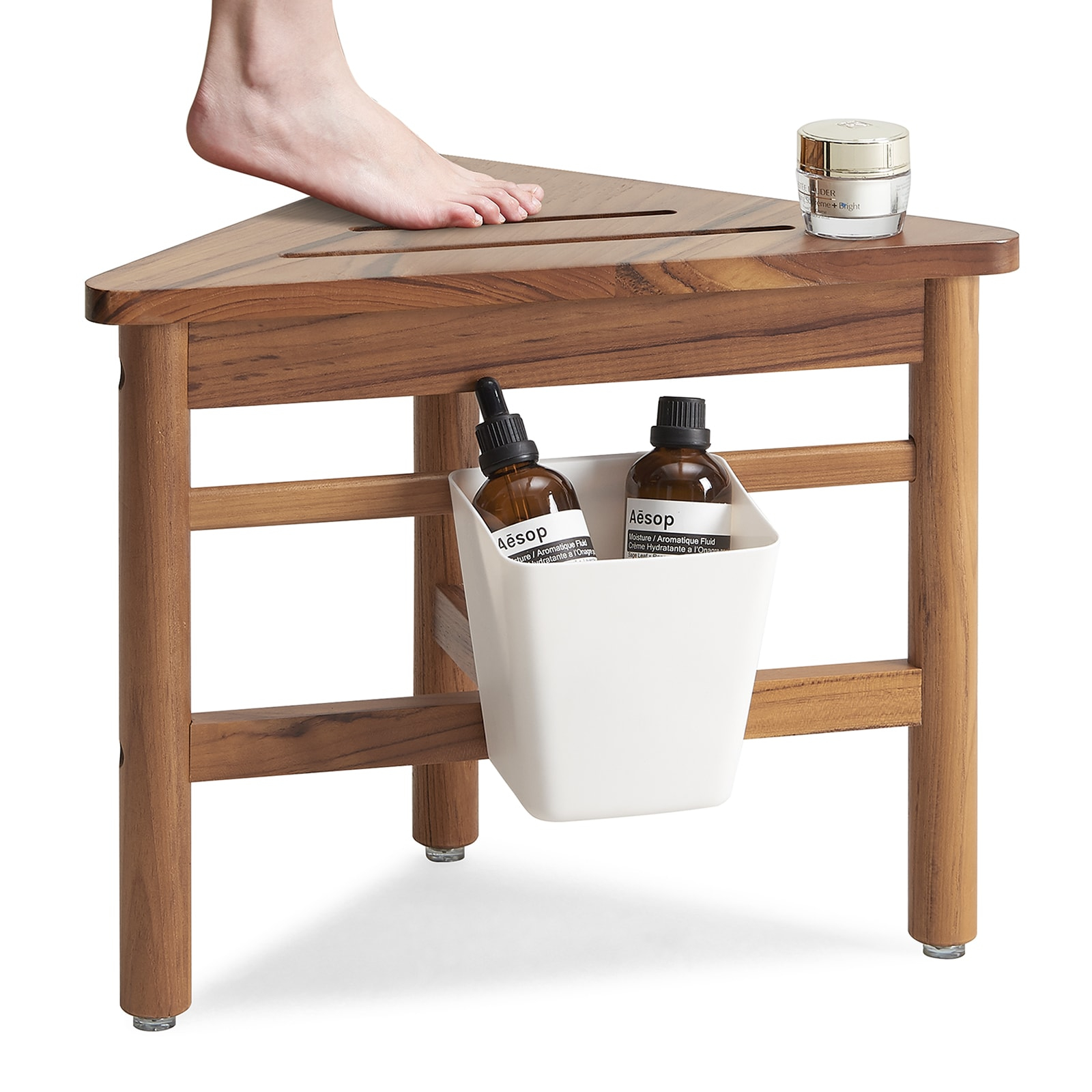 Utopia Alley  12 in. Small Teak Corner Shower Stool with Plastic Storage for Inside Shower, Indoor & Outdoor Use