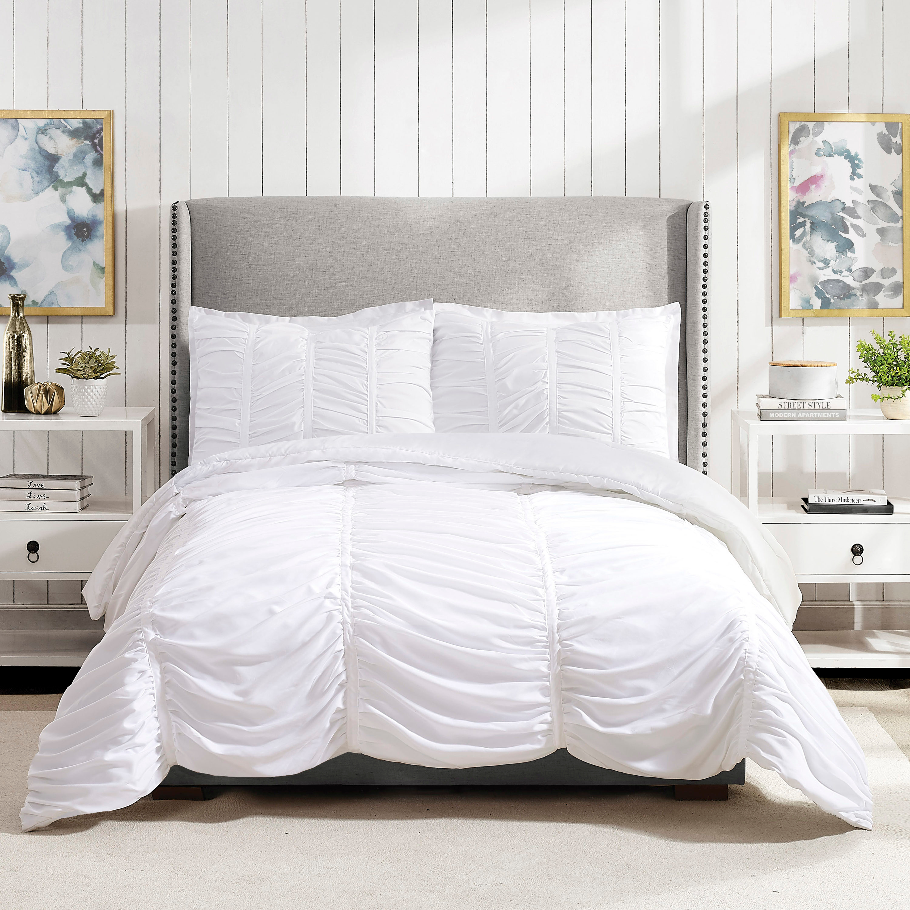 Emily Texture (White) 2-Piece Comforter Set, Ruched All Seasons Bedding, Machine Washable - Twin/Twin XL Size
