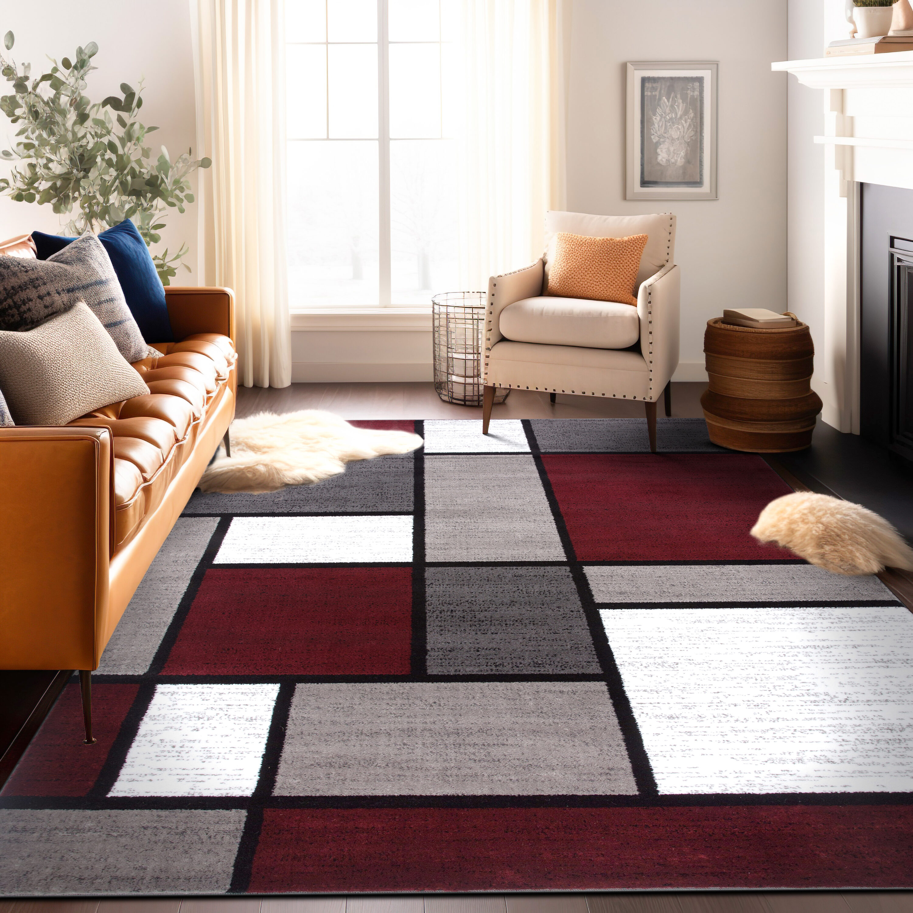 Rugshop Contemporary Modern Boxes Area Rug 5' 3" X 7' 3" Red