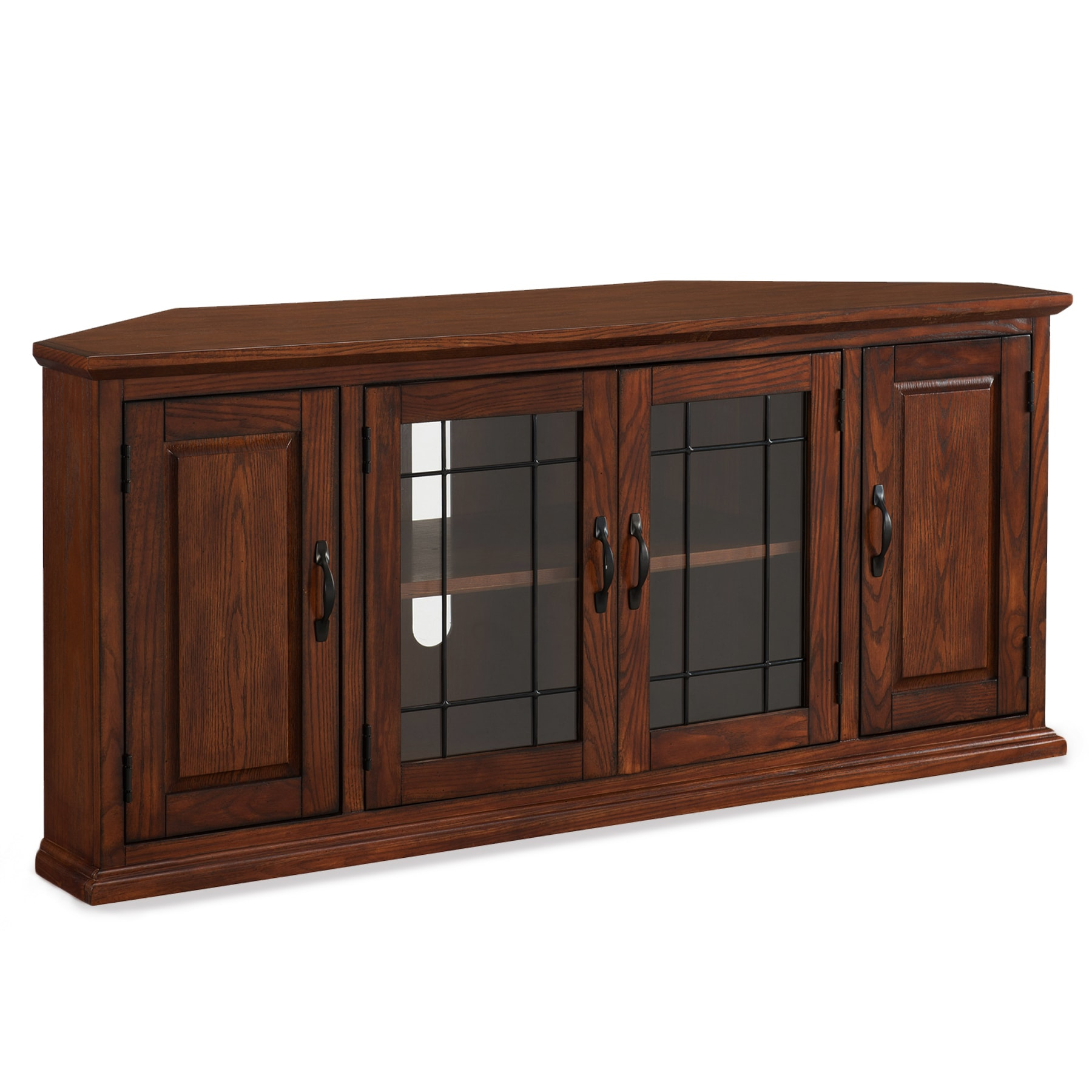 Leick Home 80386 Leaded Glass Corner TV Stand with Enclosed Storage For 60" TV's, Burnished Oak