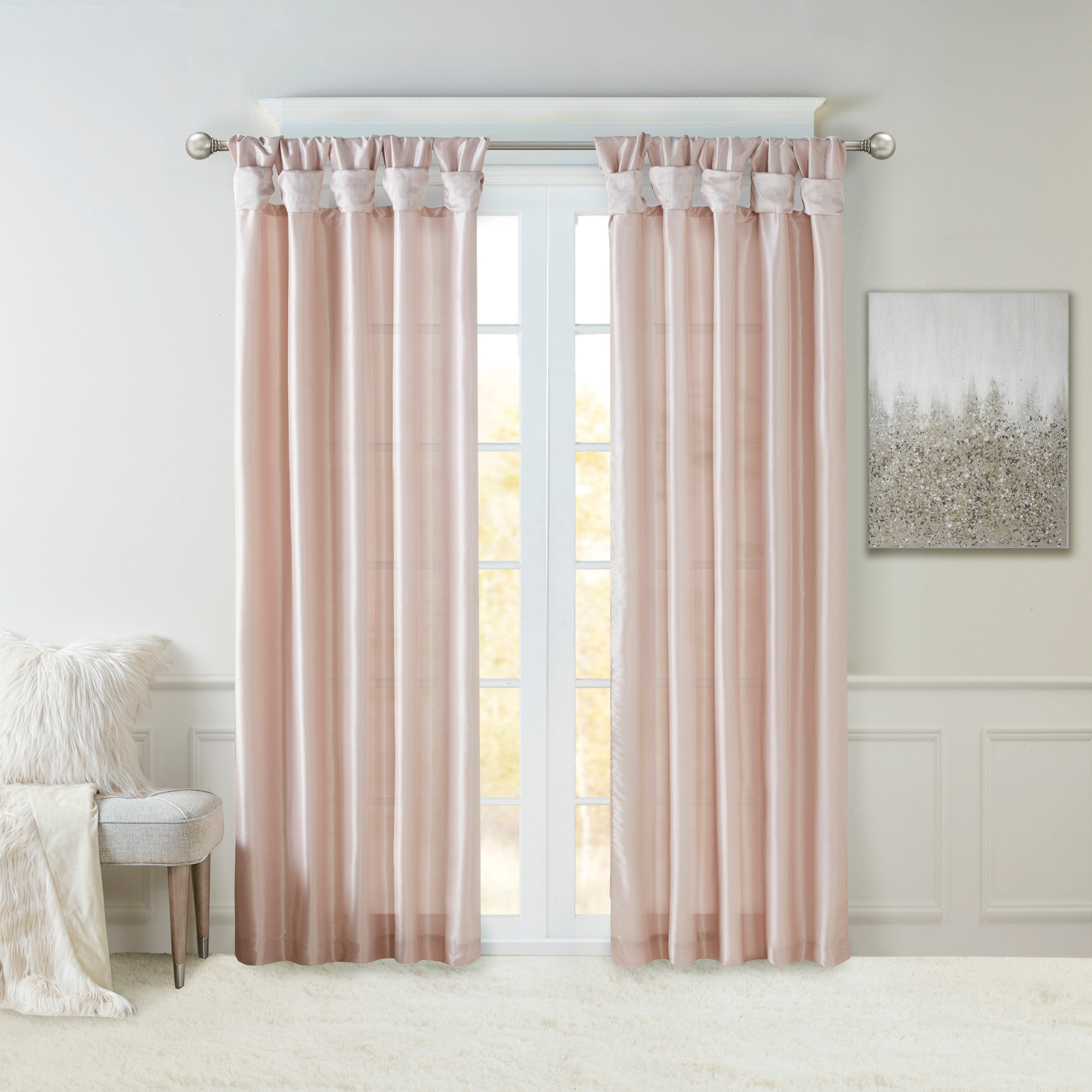 Madison Park Solid Pattern Faux Silk Twist Tab Top Curtain Panel, 50'' x 84'', Blush