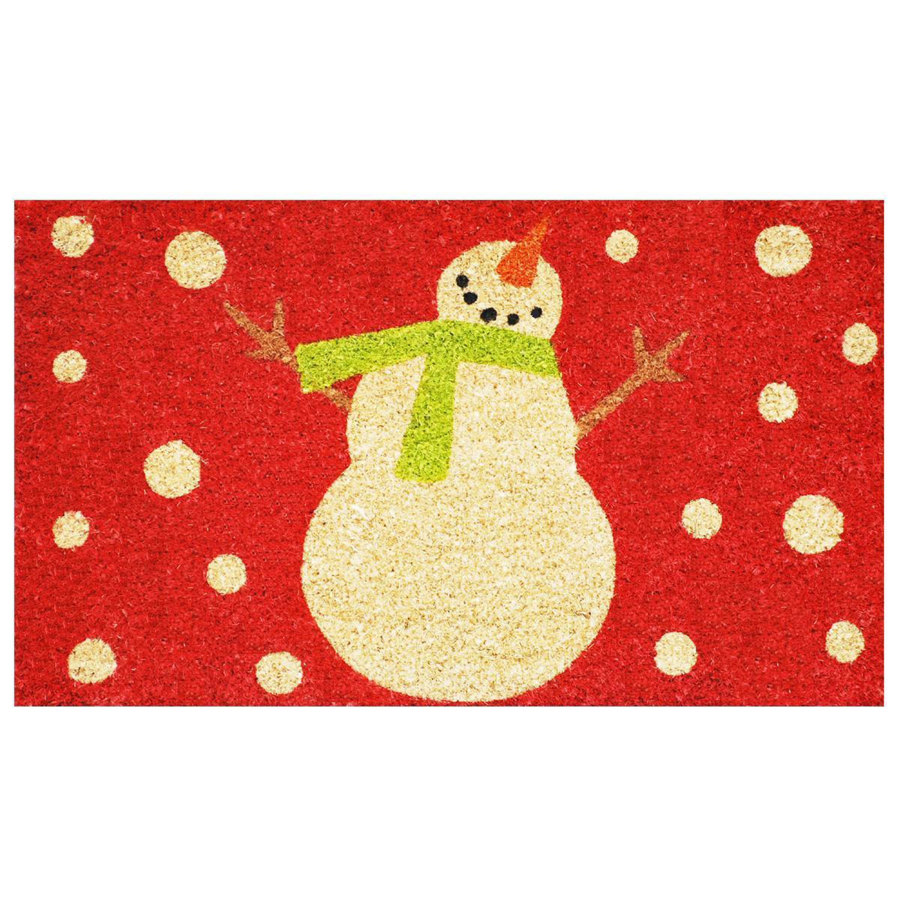 Festive Red and Green Coir Snowman Outdoor Christmas Doormat