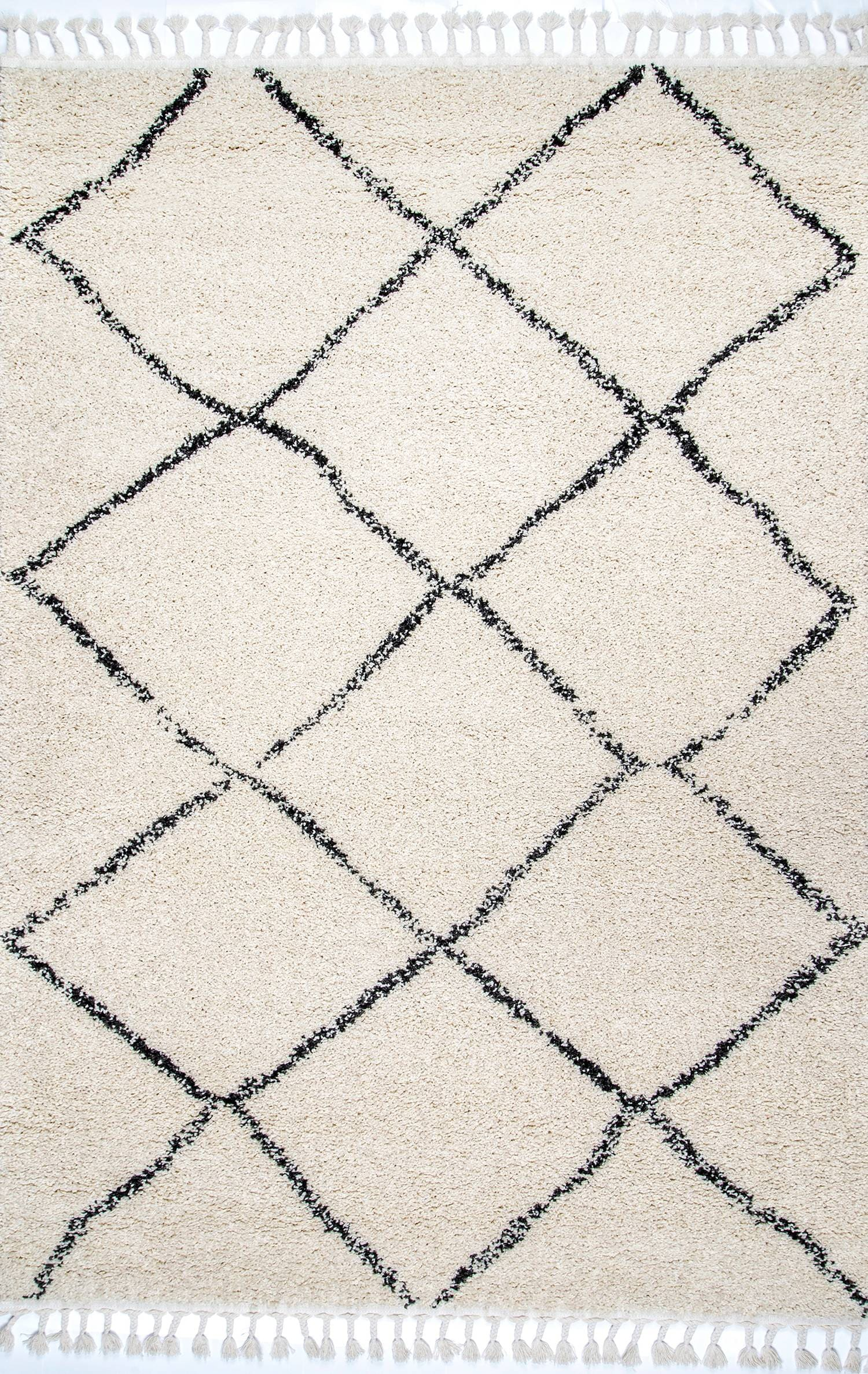Off White Braided Square Shag Synthetic Easy Care Rug