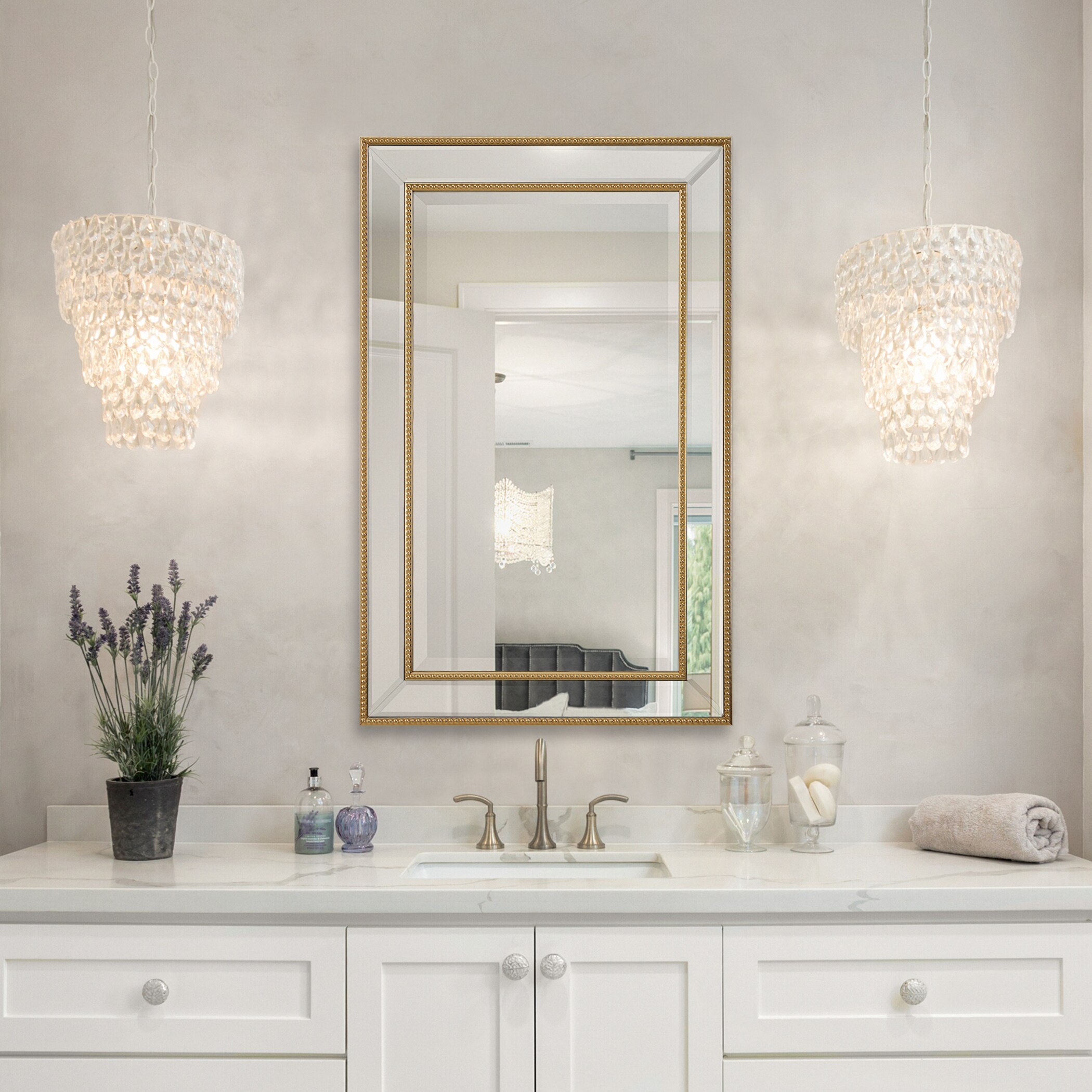 Elegant Gold Beaded Silver Wood Framed Vanity Mirror