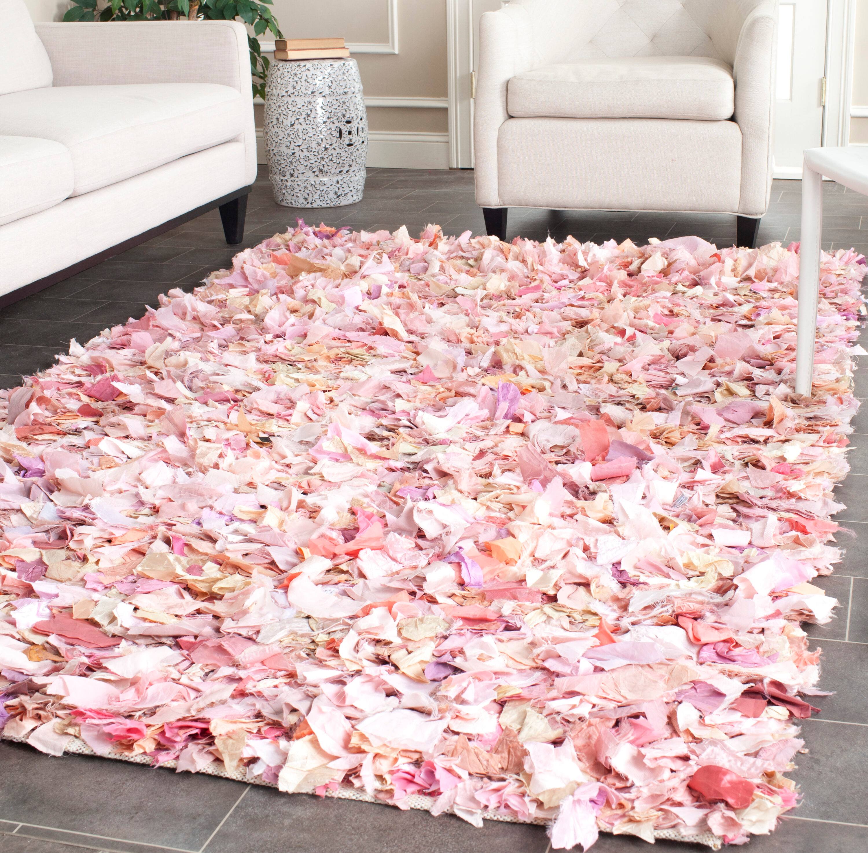 SAFAVIEH Rio Cassandra Confetti Polyester Shag Area Rug, Ivory/Pink, 6' x 6' Square