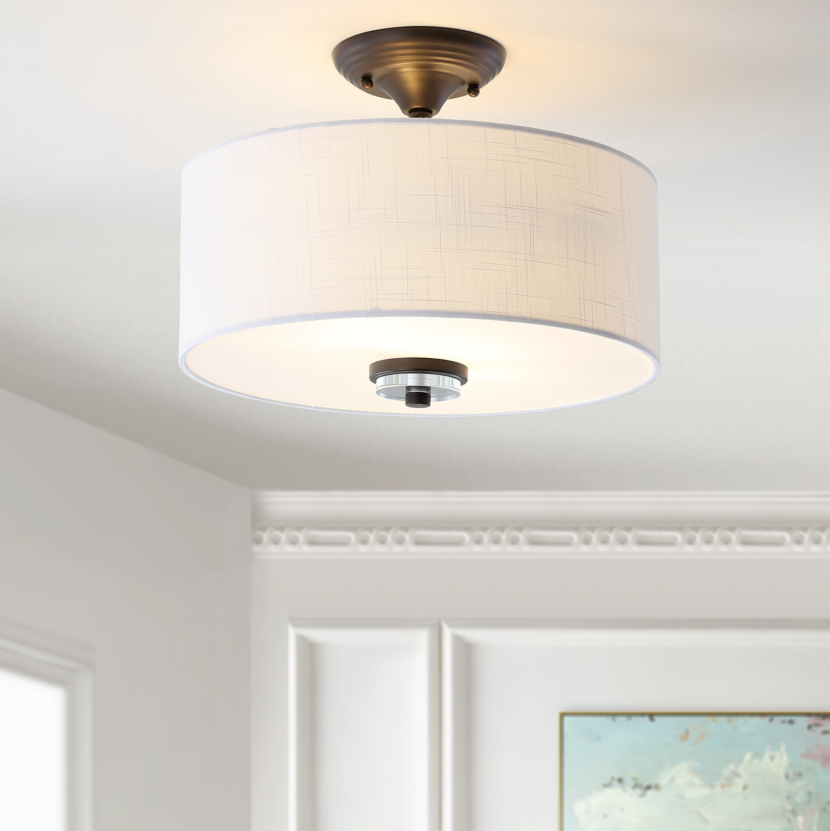 JONATHAN Y JYL9033A Marc 15" Metal/Crystal LED Semi-Flush Mount Contemporary,Traditional,Transitional Dimmable, 2700K Cozy Warm Light, for Kitchen,Hallway,Bathroom,Stairwell, OilRubbedBronze/White