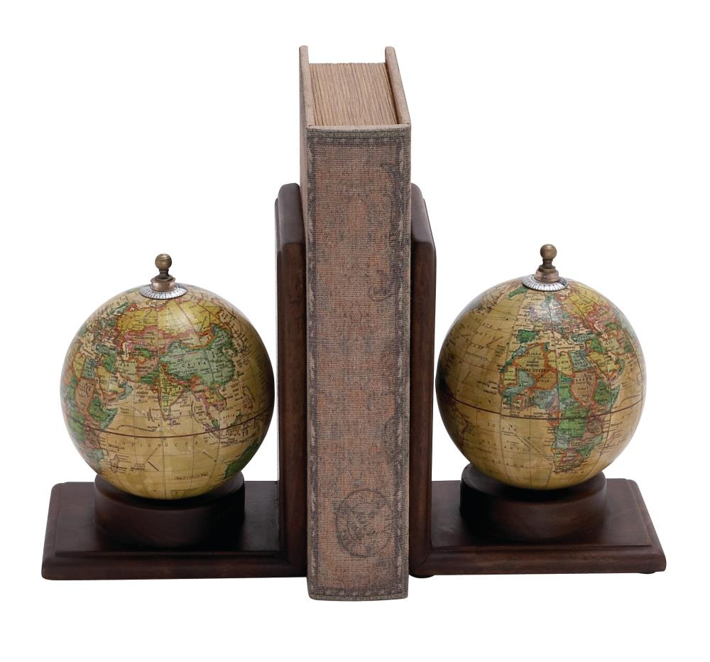 DecMode 6" Globe World Map Brown Wood Bookends (Set of 2)