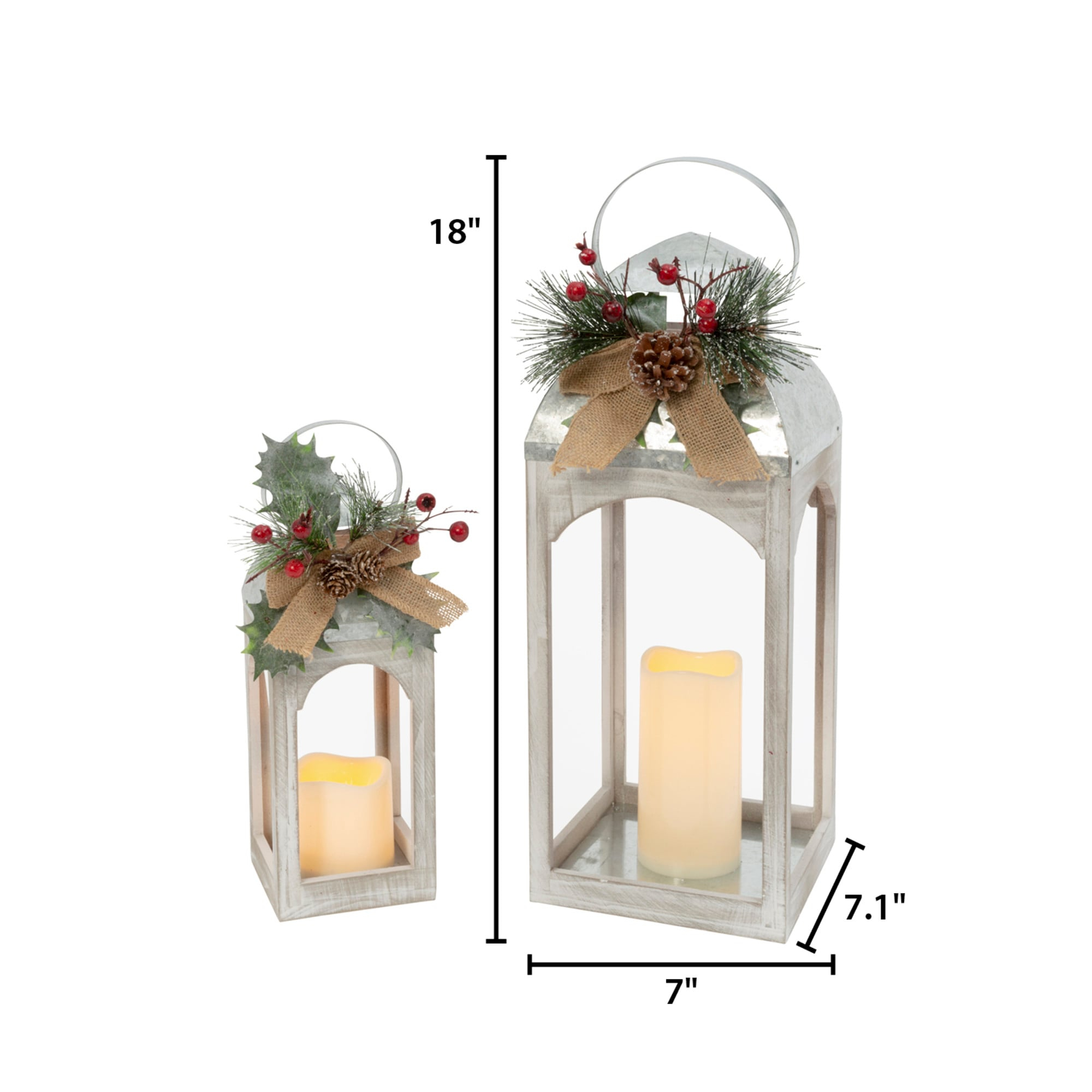 Gerson 2601420 Set of 2 Battery Operated Lighted Metal and Wood Holiday Lanterns with LED Candle and Floral Accent 18" H