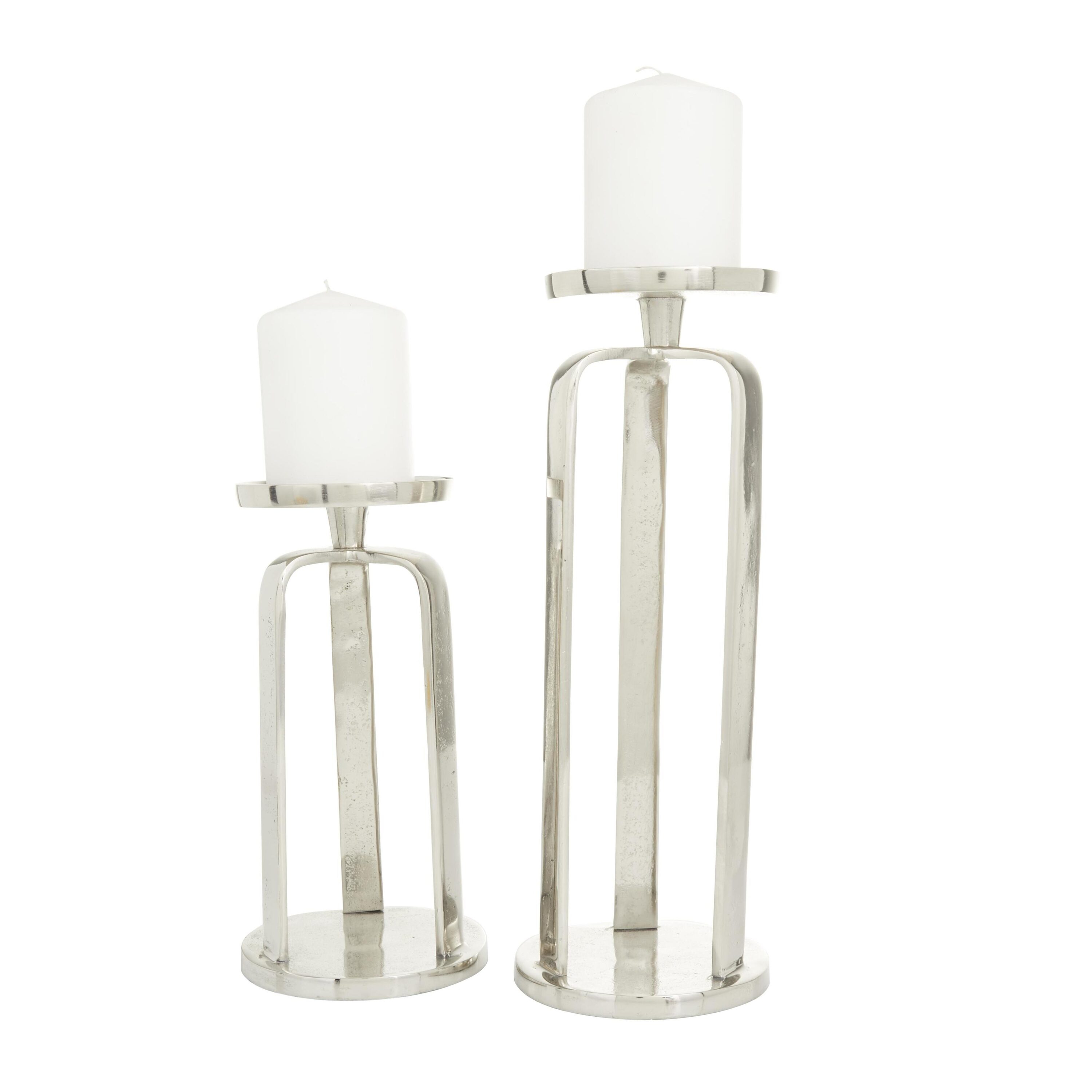 Contemporary Silver Aluminum Geometric Pillar Candle Holder Set