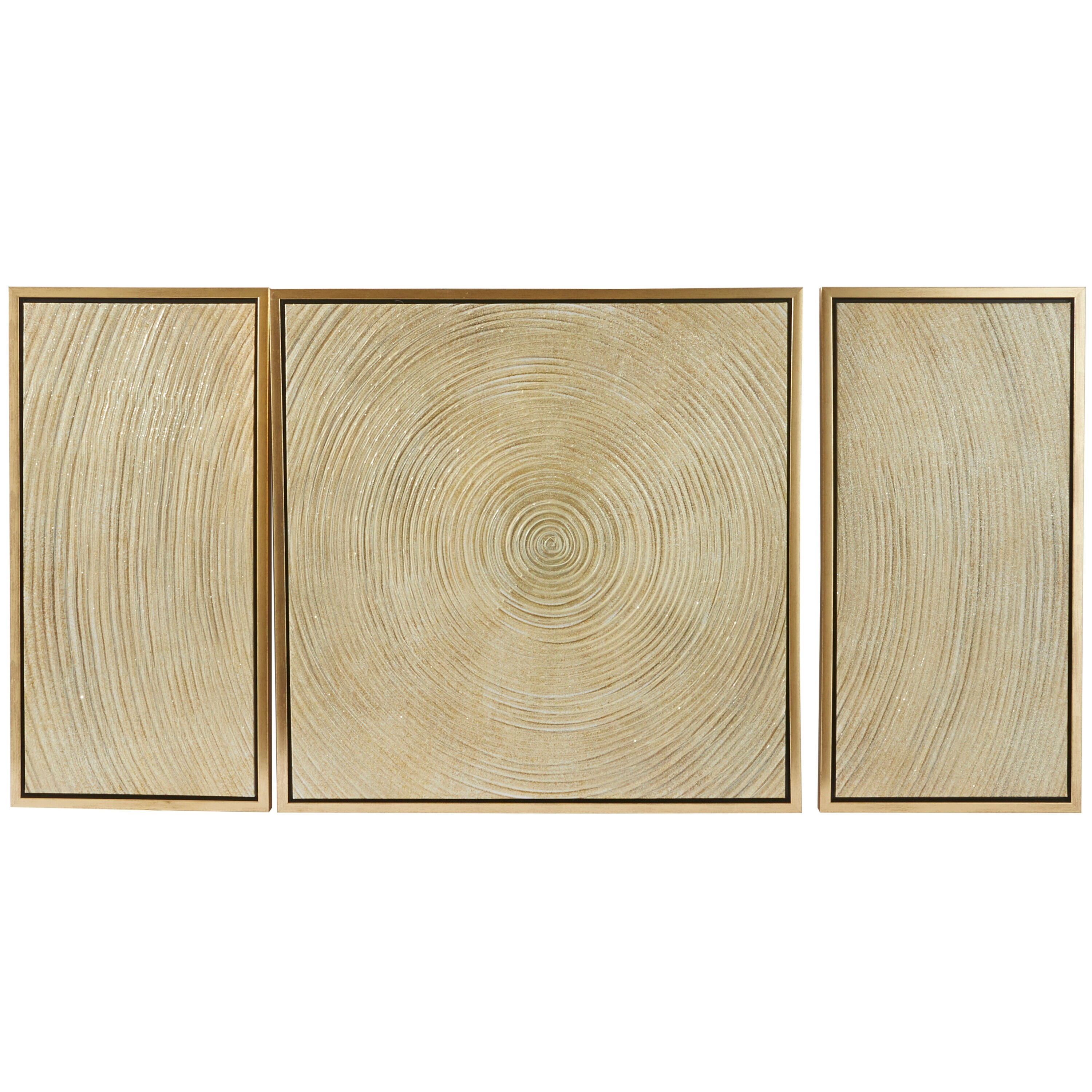 Deco 79 Canvas Starburst Living Room Framed Wall Art Ripple Canvas Wall Art with Gold Frame, Set of 3 Wall Art 32", 16", 16" W, Gold