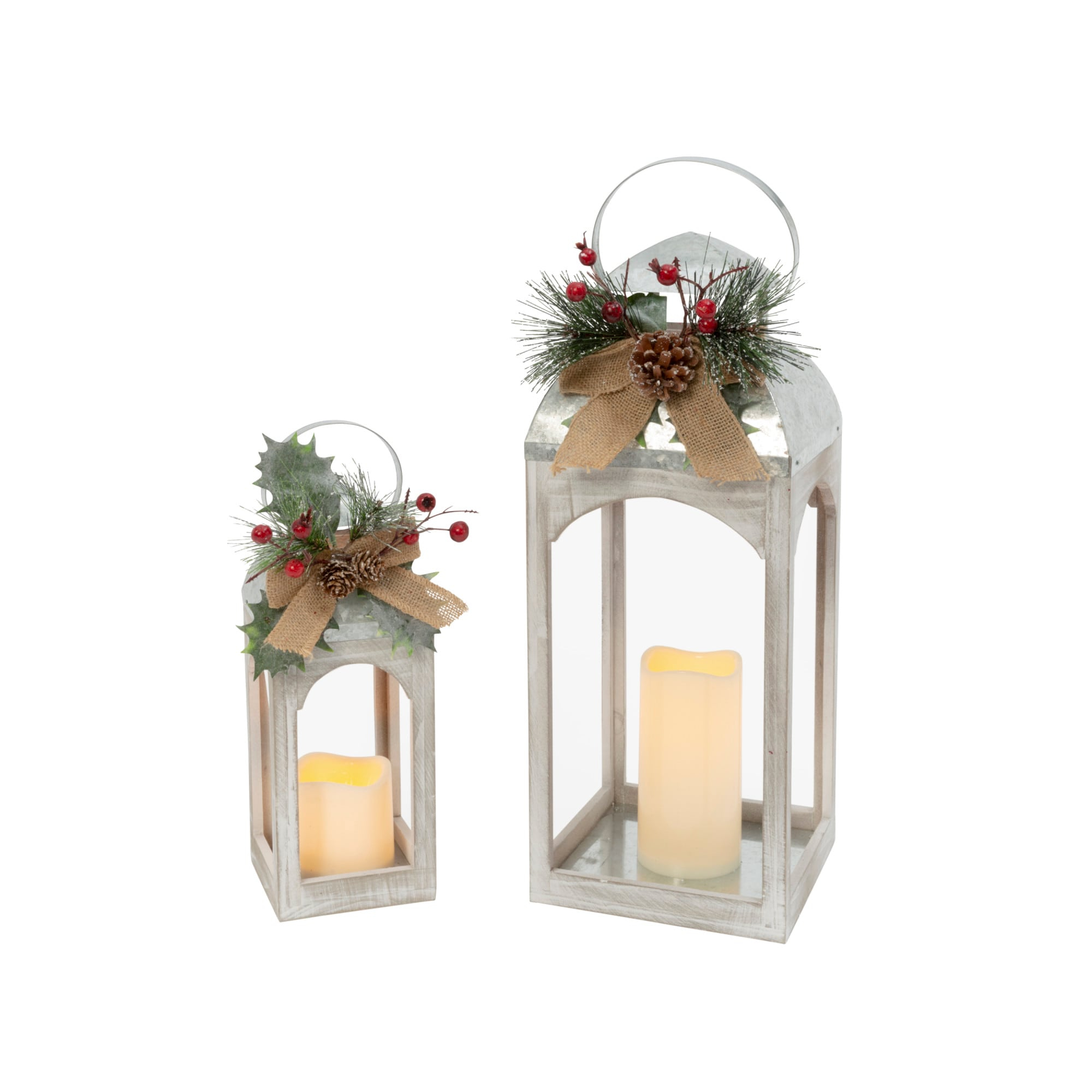 Gerson 2601420 Set of 2 Battery Operated Lighted Metal and Wood Holiday Lanterns with LED Candle and Floral Accent 18" H