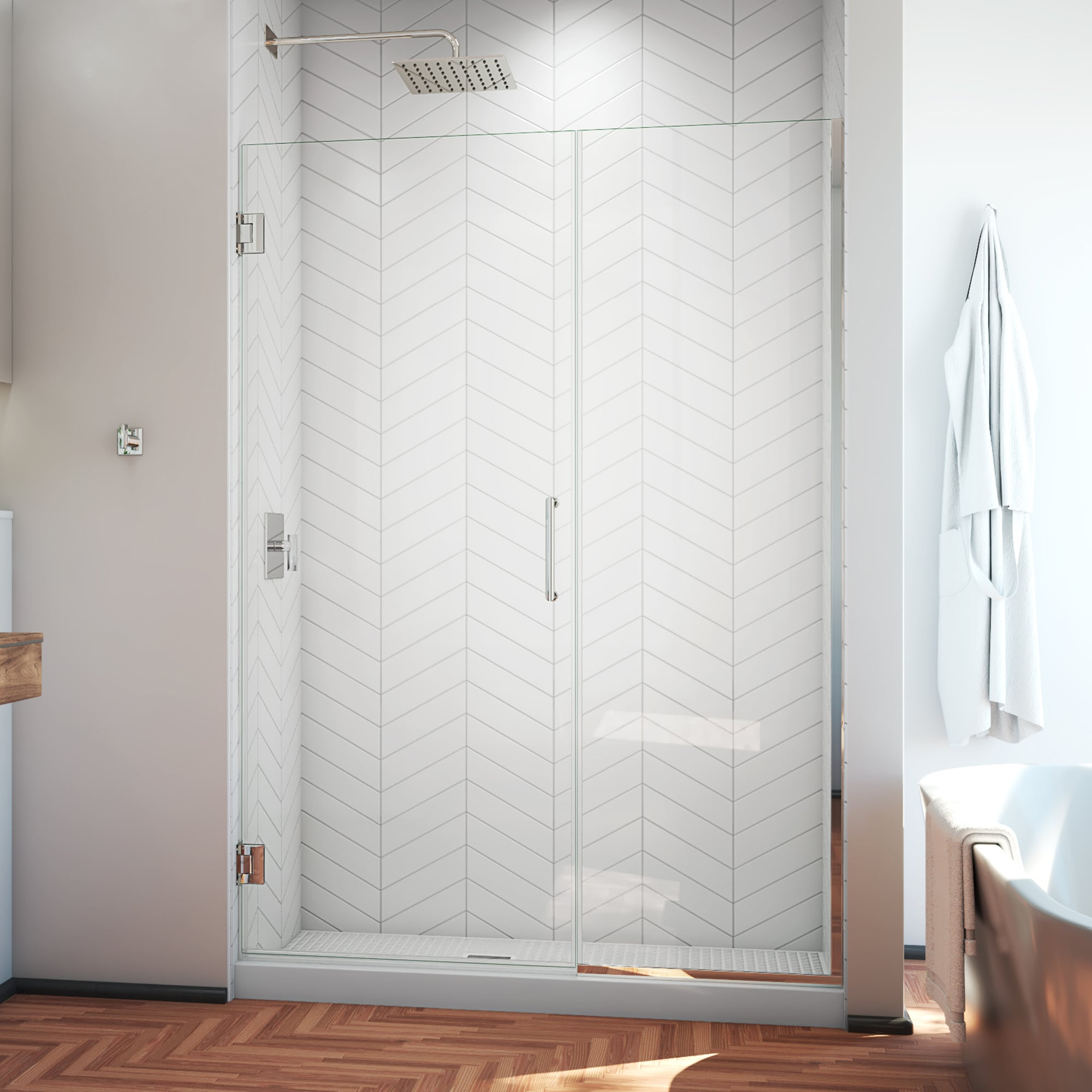 DreamLine Unidoor Plus Chrome 46-in to 46-1/2-in W x 72.0-Inches H Frameless Hinged Shower door 3/8-in Thick Clear Glass